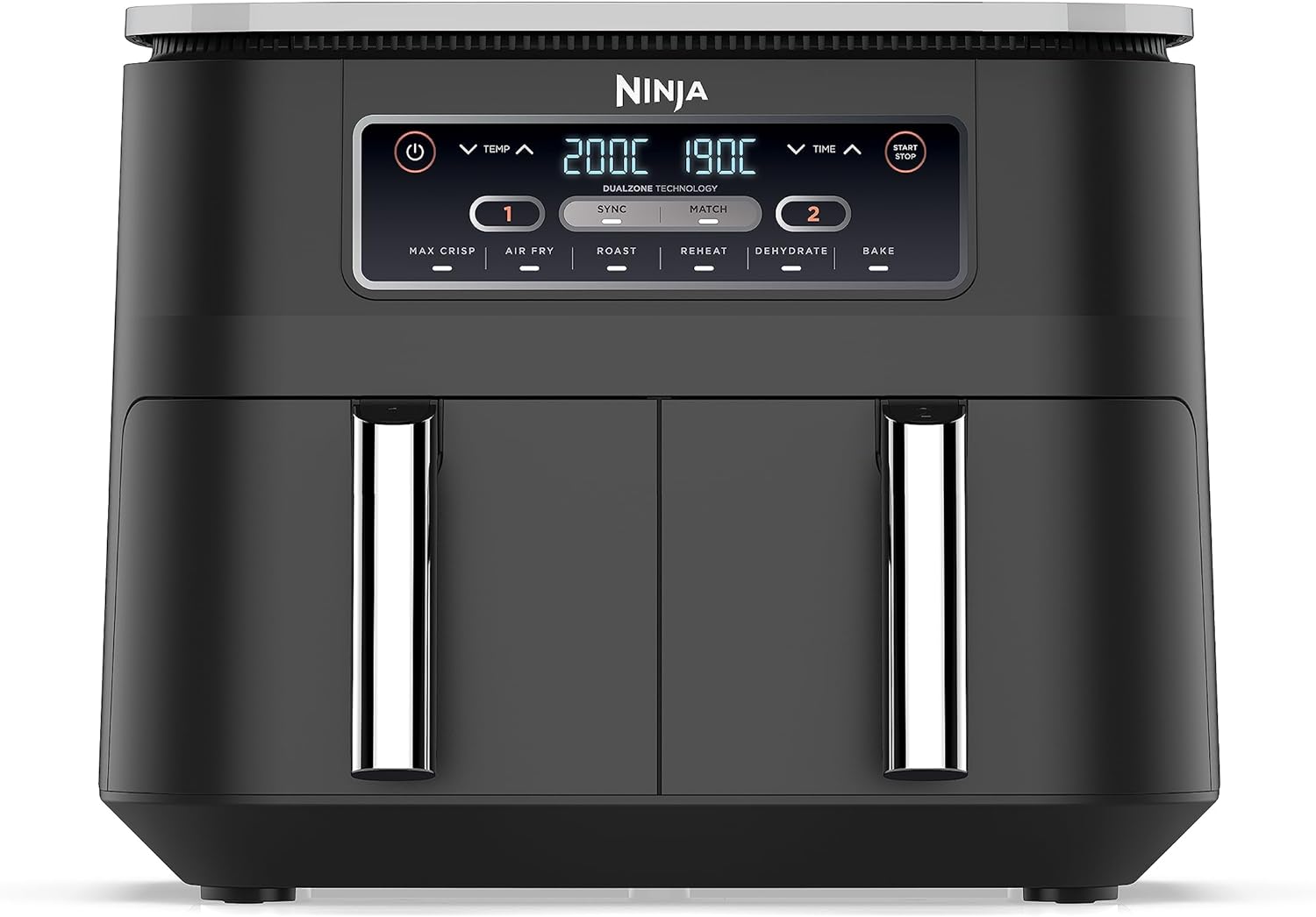 Ninja Foodi Dual Zone Digital Air Fryer, 2 Drawers, 7.6L, 6-in-1, Uses No Oil, Air Fry, Max Crisp, Roast, Bake, Reheat, Dehydrate, Cooks 4-6 Portions, Non-Stick, Dishwasher Safe Baskets, Black AF300UK