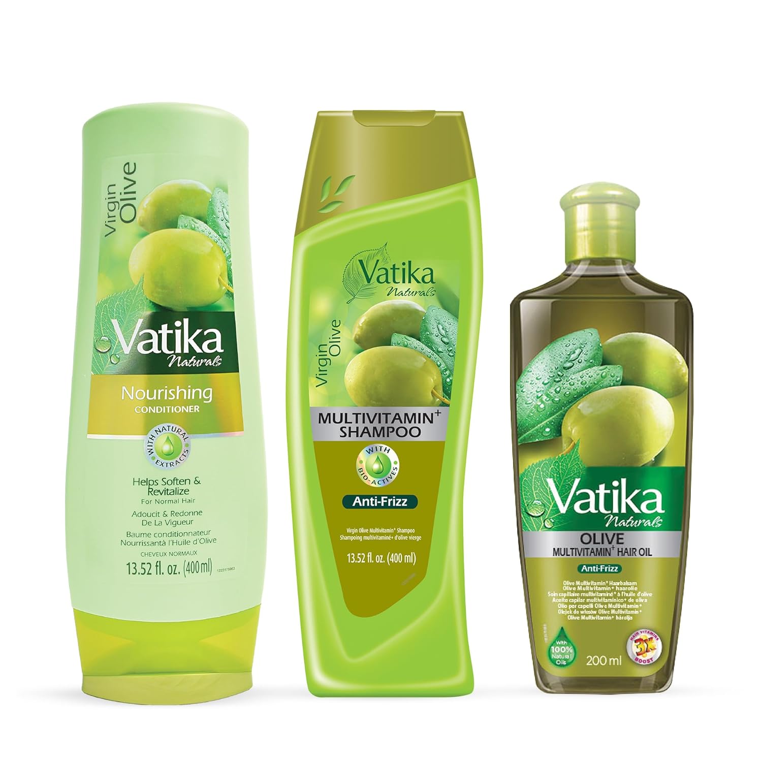 Vatika Naturals Olive Shampoo, Oil & Conditioner Combo, Deep Nourishment, Anti-Frizz & Hydration, Enriched with Virgin Olive Oil & Henna for Smooth, Soft & Radiant Hair, 400ml