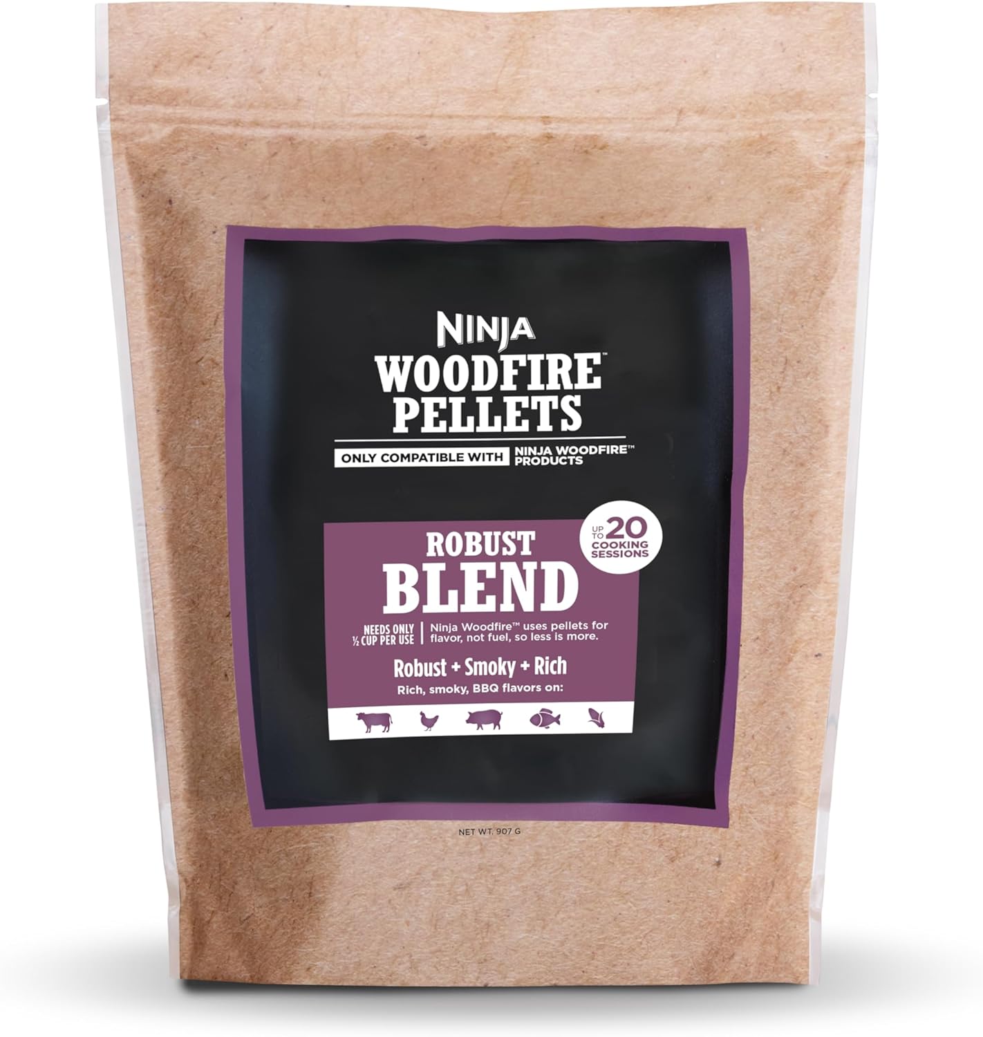 Ninja XSKOP2R Woodfire Pellets, Robust Blend 2-lb Bag, Up to 20 Cooking Sessions, 100% Real Wood Pellets, Only Compatible with Ninja Woodfire Grills & Ovens, Robust Blend