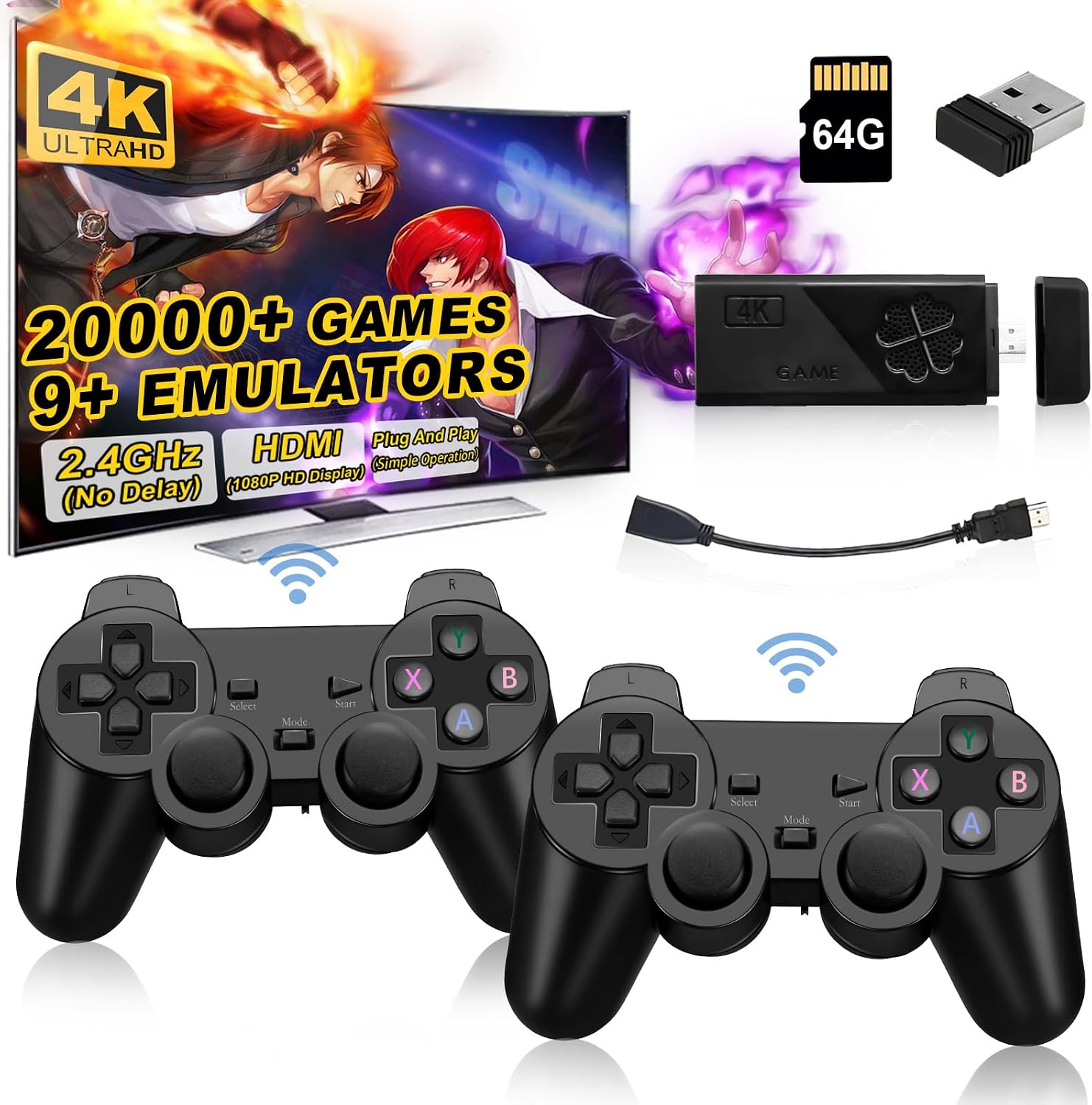 Wireless Retro Game Console Stick, Upgrade Retro Video Gaming Stick Built in 20000+ Games with 9 Emulators,4K HDMI Output with 2 Pack 2.4G Wireless Controllers，Game Emulator Console 2025（64GB） Black