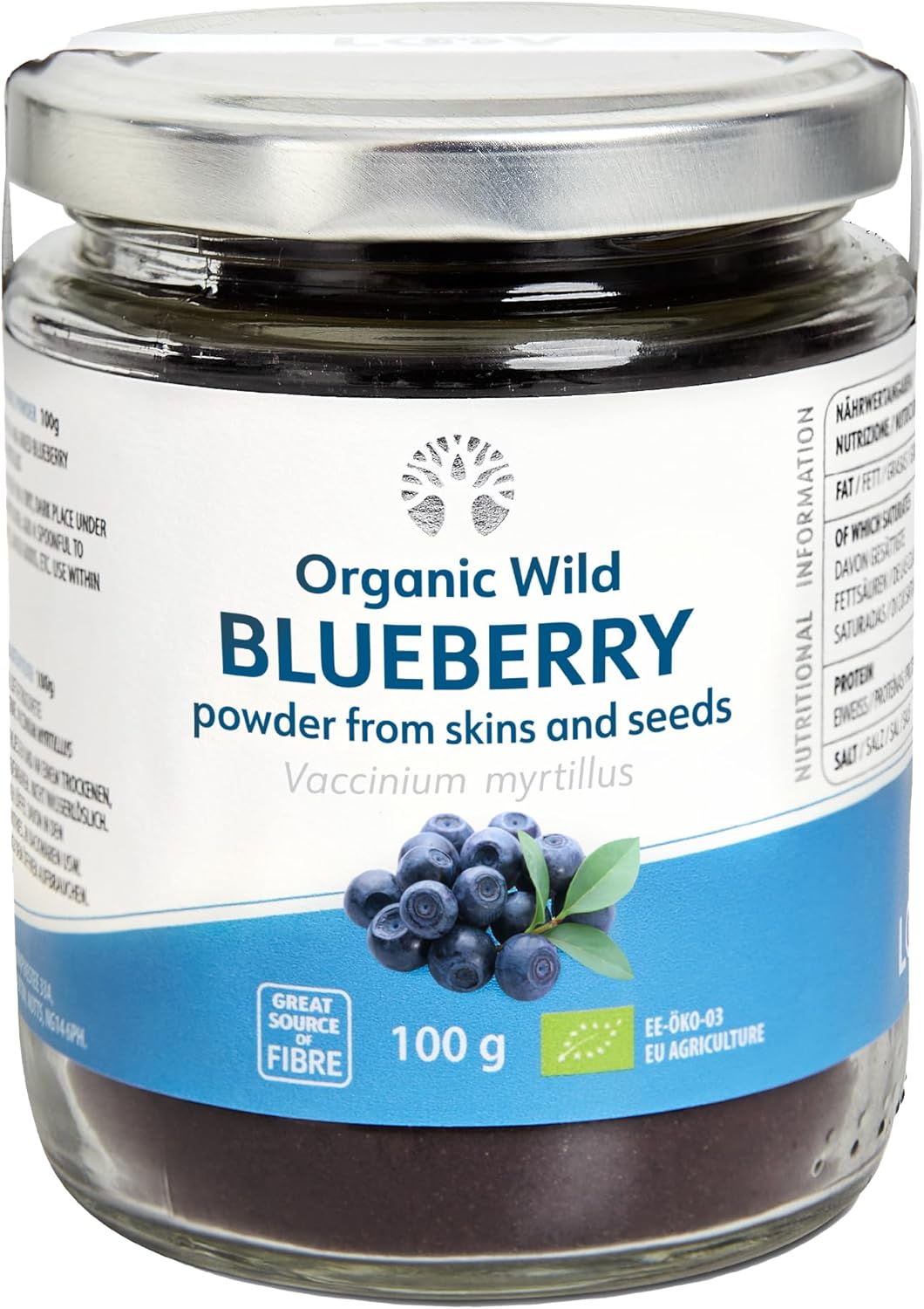 LOOV Wild Blueberry Powder Organic (Pomace Powder), Wild-Crafted from Nordic Forests, Made of Wild Bilberry Skins and Seeds Only, no Added Sugar, High in Fiber, 100 g