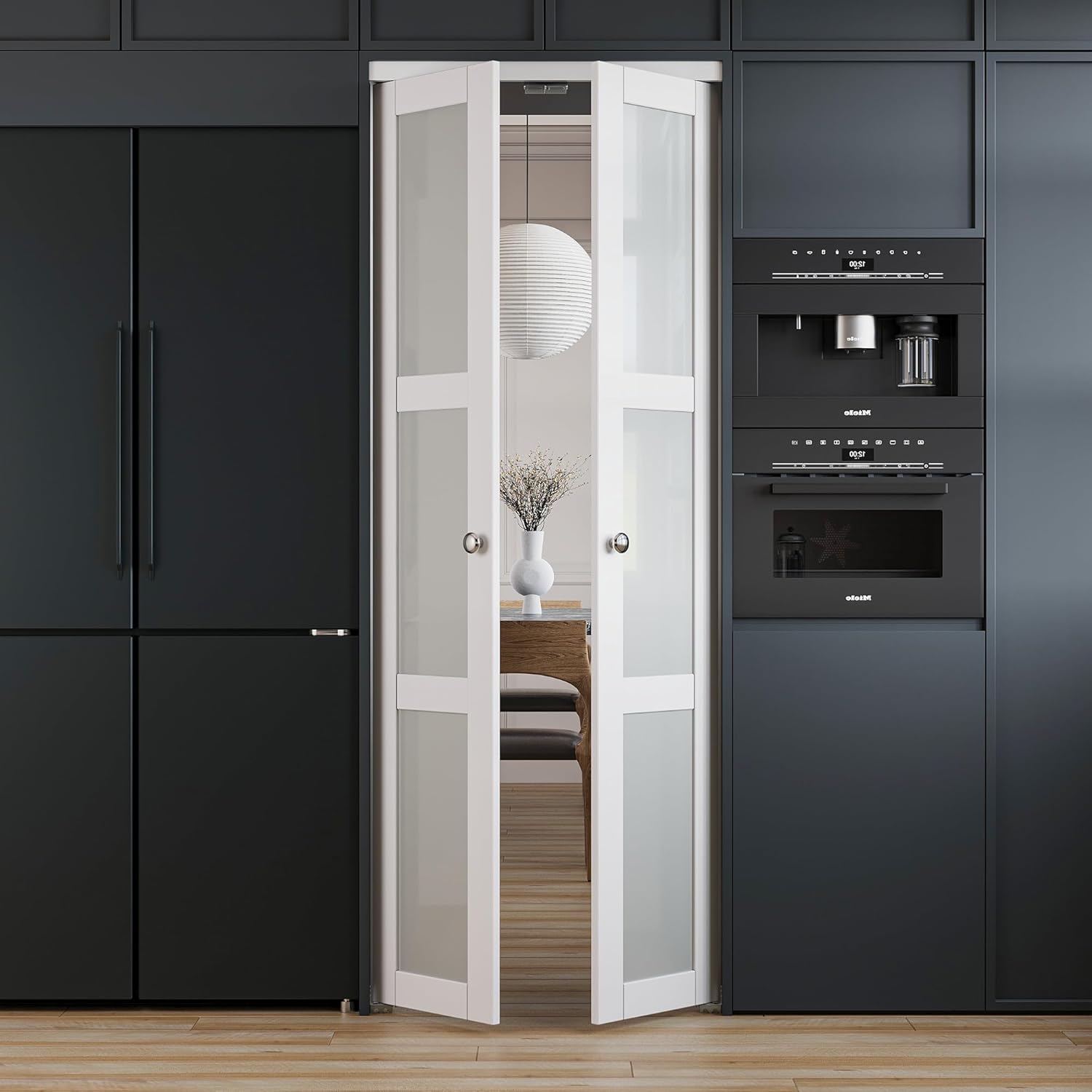 French Pivot Door for 30" x 80" Opening, Double Frosted Glass Panels with Hardware, Swing for Pantry/Laundry/Storage Room, White, Water & Scratch-Resistant Surface, Easy Install