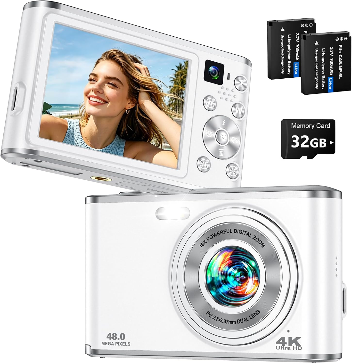 4K Digital Camera for Photography 48MP Dual Lens Autofocus 16X Zoom, White