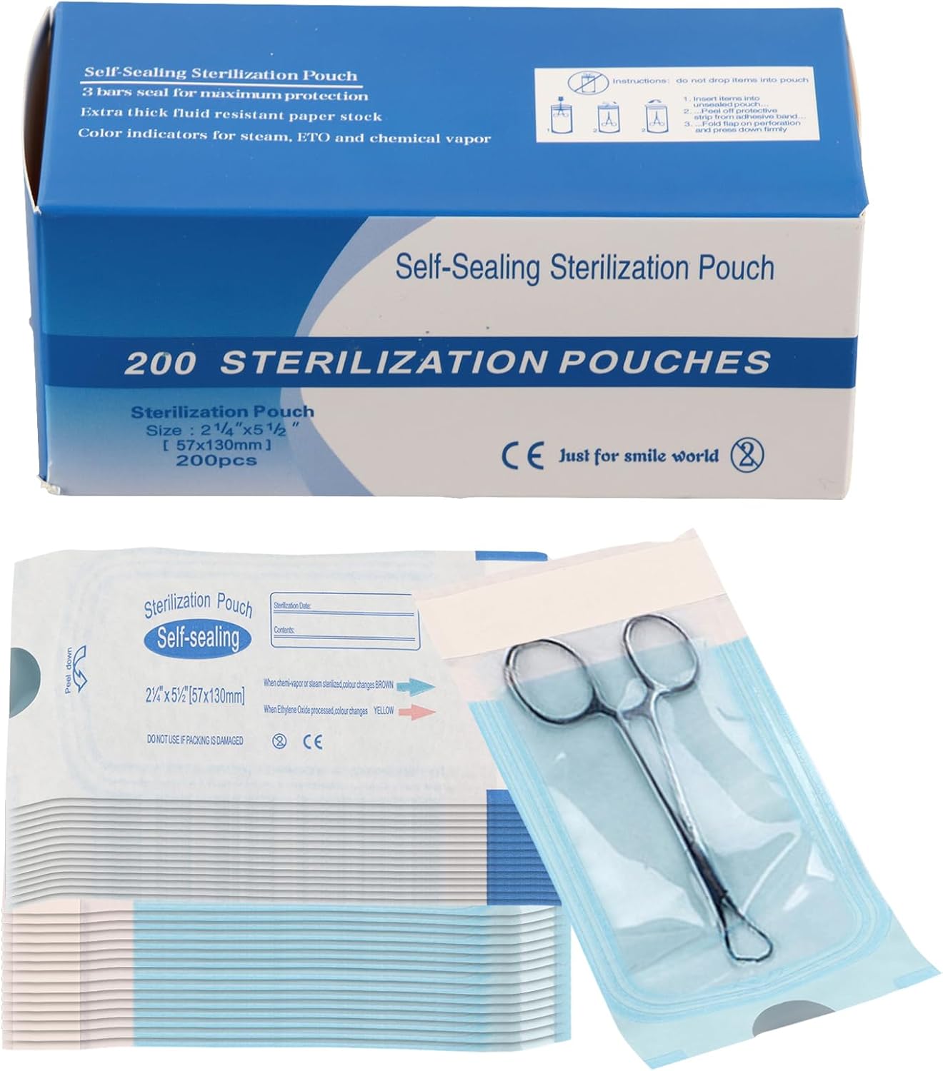 Agatige 200Pcs Self Sealing Sterilization Pouch, 57 x 130mm Autoclave Sterilizer Bags Self Sealing Cleaning Pouch with Indicators for Dental Offices Tattoo Nail Art Accessories