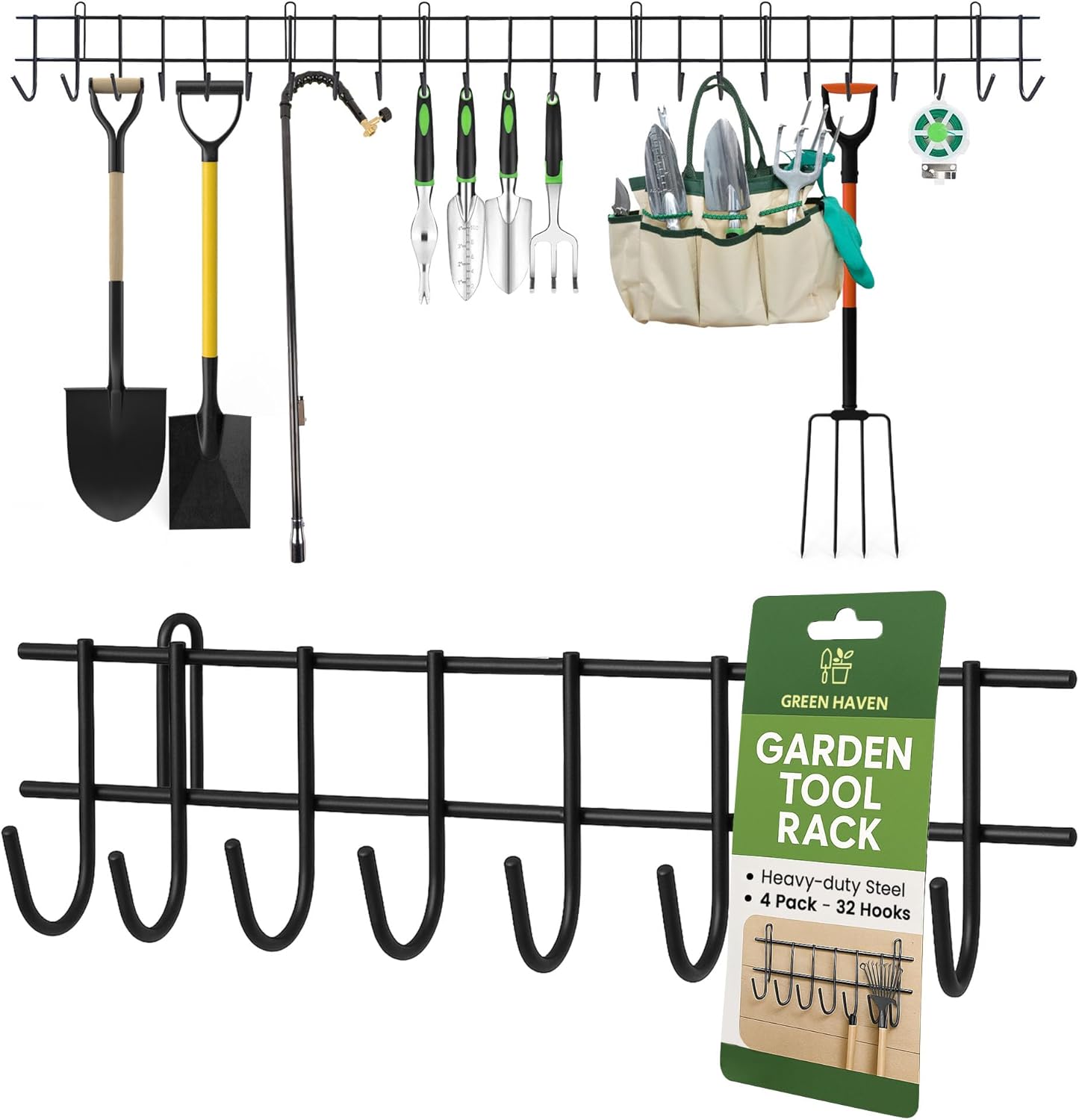 Green Haven Garden Tool Storage Rack 160cm - Heavy-Duty Metal Organiser for Shed Accessories, Rakes, Shovels & More β Space-Saving Tool Storage System for Sheds & Garages