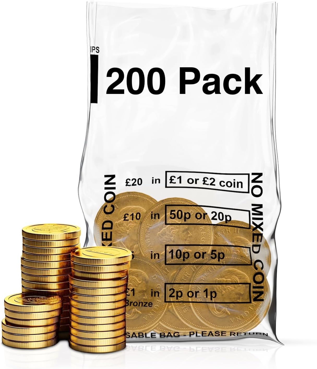 Swoosh Media Pack of 200 - Clear Plastic Money Bank Bags | No Mixed Coins Banking Bags for Change Handling Shop Business Home Office