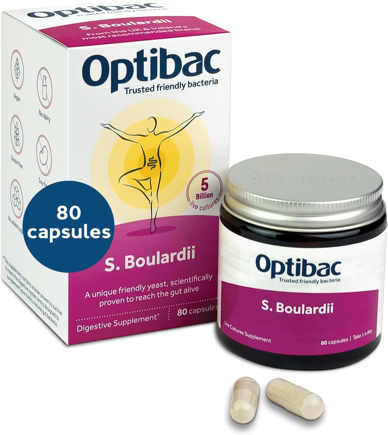 Optibac Saccharomyces Boulardii 80 Capsules (Pack of 1) | 5 Billion Live Cultures per Serving | Probiotic Yeast Supplement with S. Boulardii | Vegan, Gluten Free & Shelf Stable | Gut Flora Support