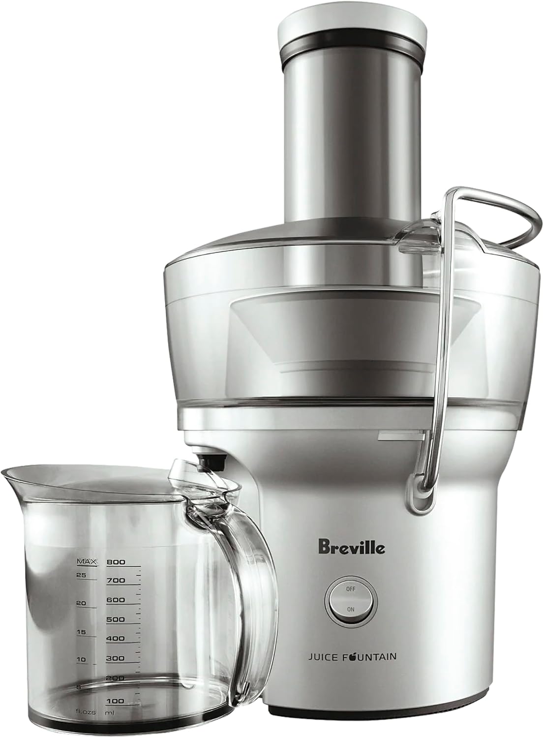 Breville BJE200XL Juice Fountain Compact Centrifugal Machine, Silver | Juice whole produce quietly with juicer's 3 in wide chute | Space-saving design for small kitchens | 25 fl oz capacity