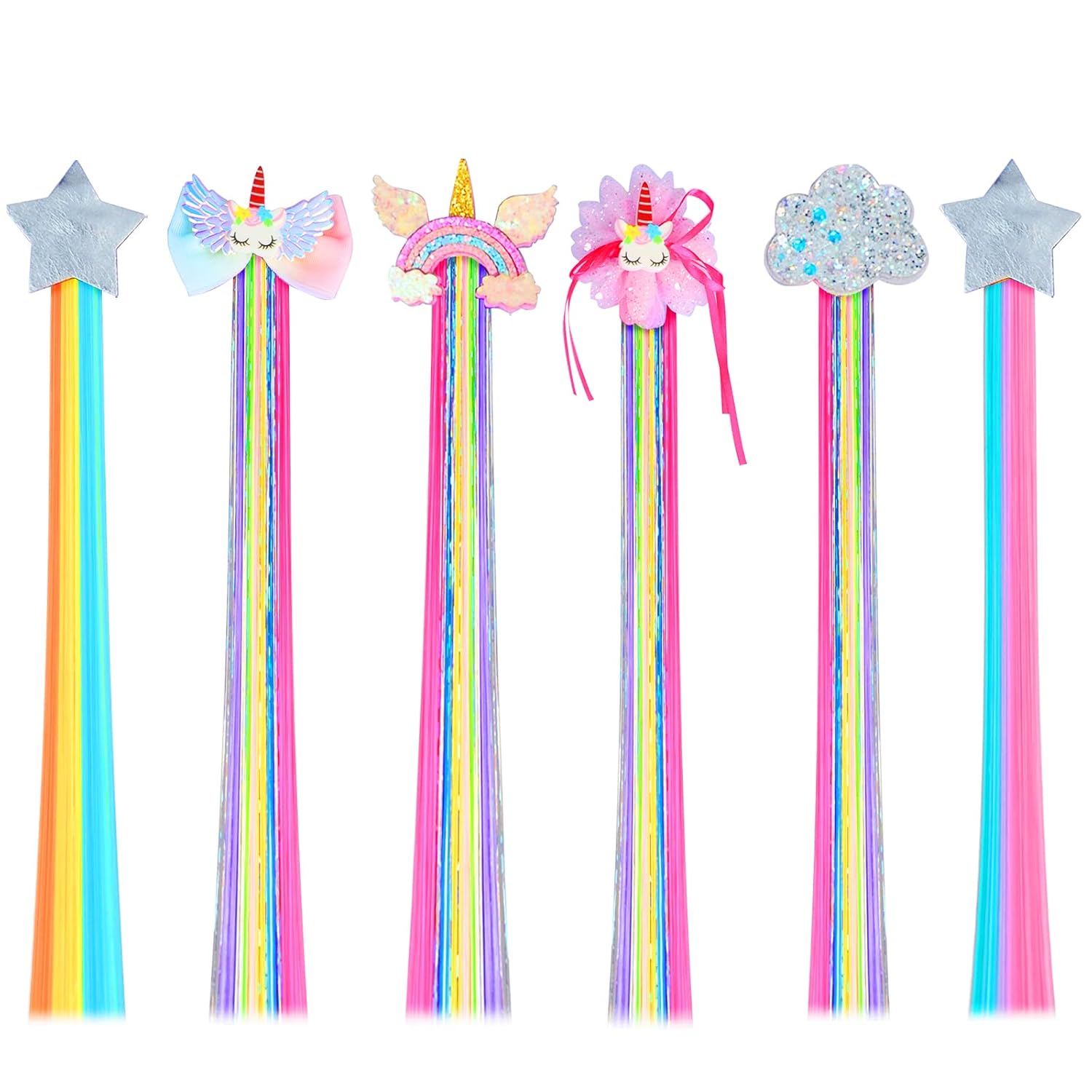 Little World Hair Clips for Girls, 6 Pcs Rainbow Hair Extensions, Unicorn Hair Clips for Girls Toddler Kids Ponytails, Hand-made Cute Glitter Hair Accessories