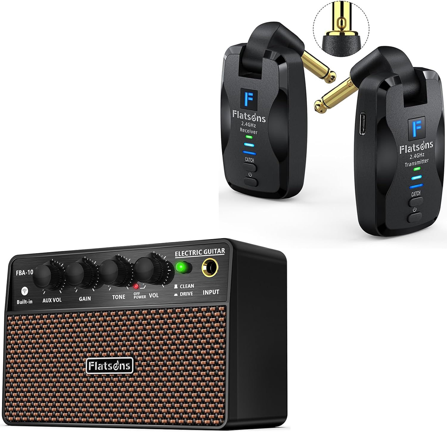 FW2D Wireless Guitar System Exclusive Mute Plug, FBA-10 10W Mini Electric Guitar Amplifier with Clean/Drive Channel