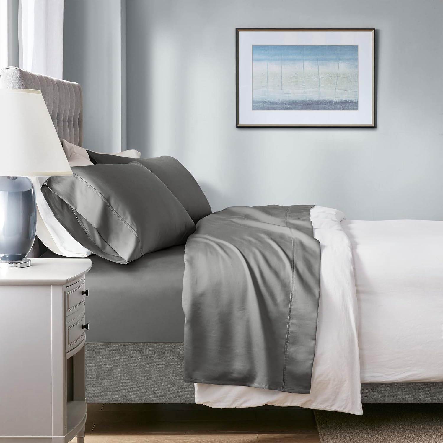 Beautyrest 1000 Thread Count, Solid Color Sheet Set, Elastic Deep Pocket, All Season, Breathable, HeiQ Smart Temperature, Soft Cotton Blend Bedding, Matching Pillowcase, Cal King Charcoal 4 Piece