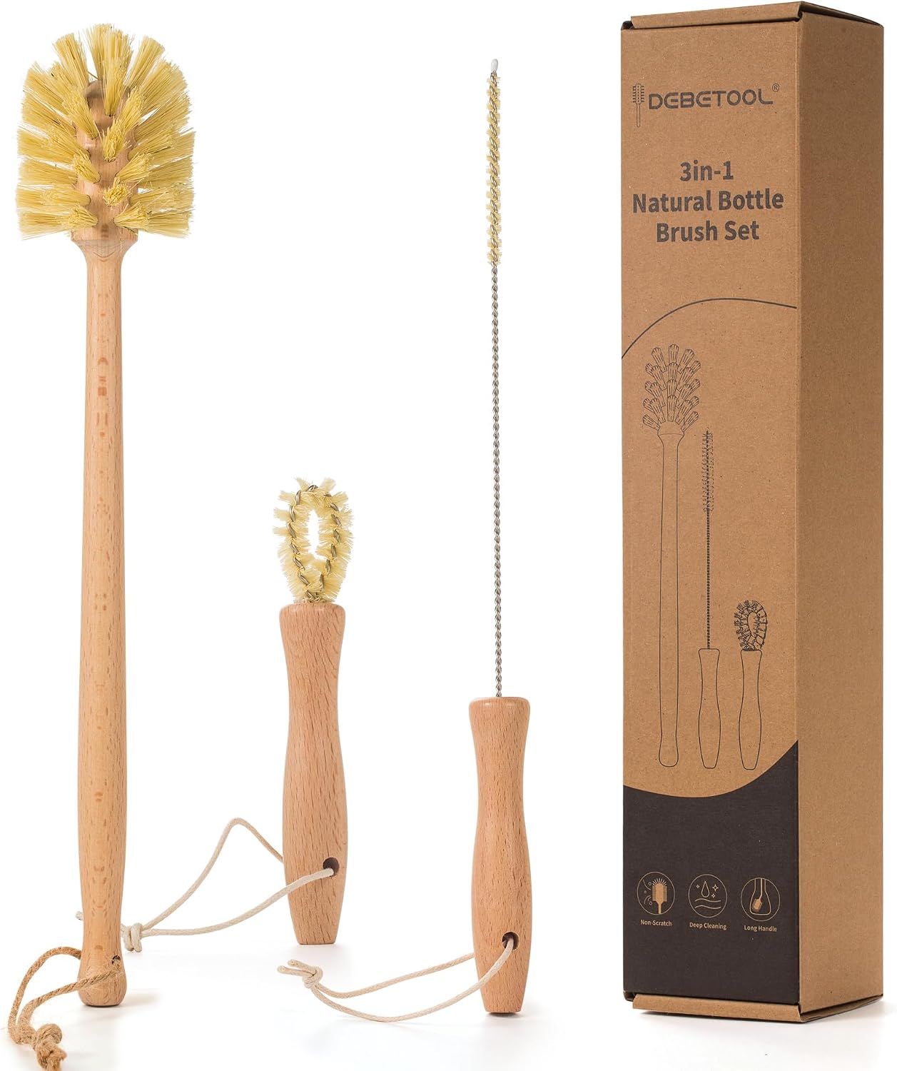 DEBETOOL 3-in-1 Natural Bottle Brush Set, 13.7 Inch Wooden Long Handle