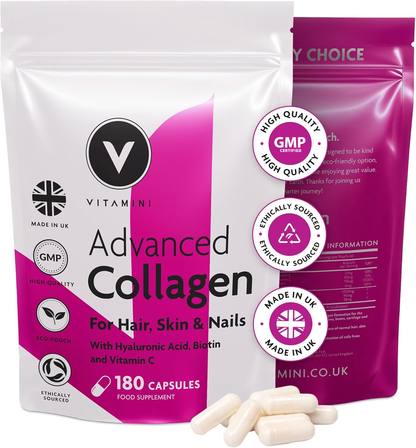 Bigger Pack, Better Value – Premium Advanced Collagen Supplements for Women – Marine Collagen, Hyaluronic Acid, Vitamin C & E – Radiant Skin, Hair, Nails – UK Made – 180 Capsules, 60 Day Supply