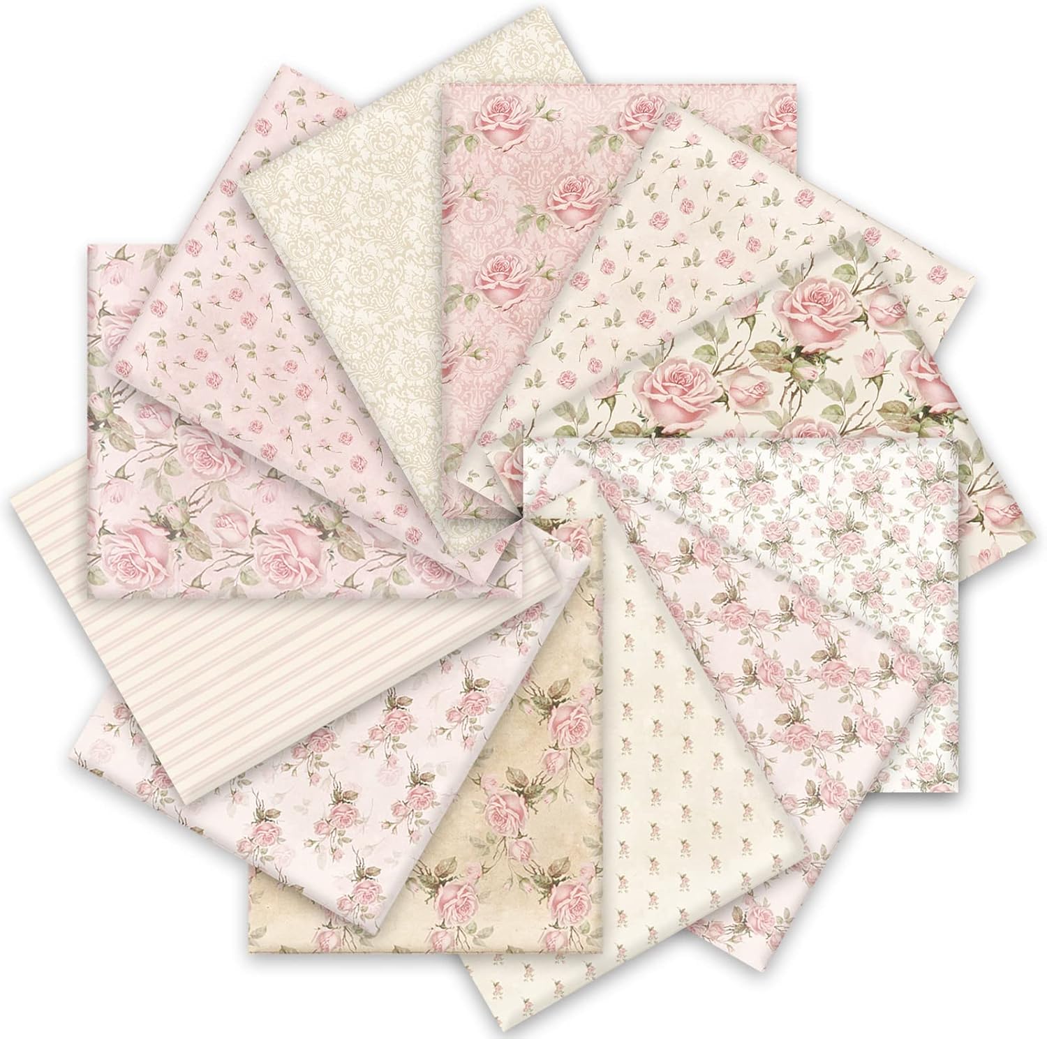 Whaline 12Pcs Spring Cotton Fabric Bundles 18 x 22 Inch Retro Floral Printed Fat Quarters Pink Flower Quilting Patchwork Squares Sewing Fabrics for DIY Handmade Crafting Home Party Decor