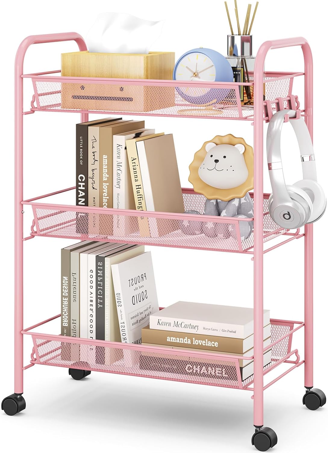 APEXCHASER 3-Tier Rolling Cart,Easy Assemble Mobile Storage Trolley On Wheels,Slide Out Utility Cart Shelving Units Kitchen Bathroom Laundry Room,Pink