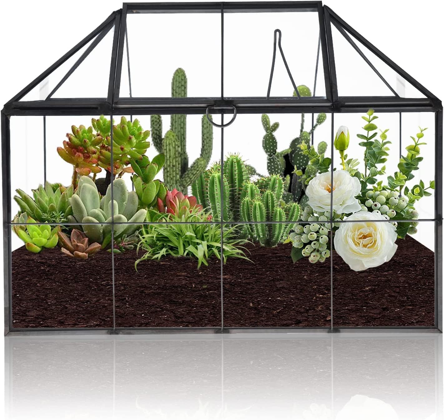Homtone Large Geometric Terrarium 23cm, House Shape Black Large Handmade Glass Box Planter, Vintage Tabletop Miniature Flower Pot for Succulent, Cacti, Air Plants (Black House Shape)