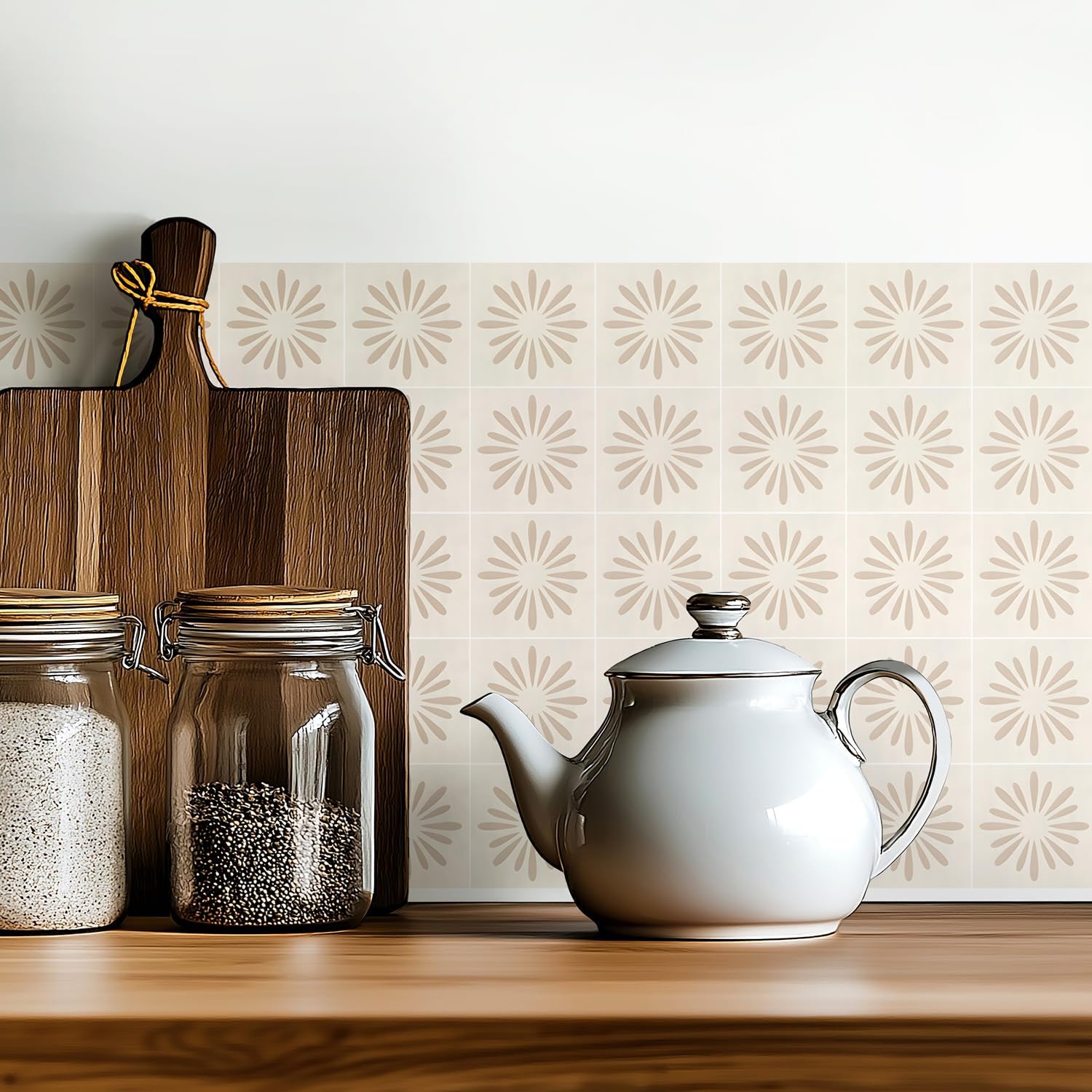 16 Pack, 5.9x5.9 Inch Sage Green Tile Decals, Mid-Century Modern Floral Peel and Stick Backsplash, Minimalist Vinyl for Kitchen Decor (Beige)