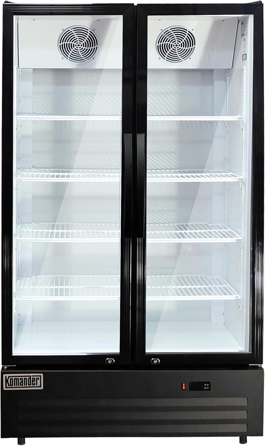 Komander Commercial Glass Door Merchandiser, 17 Cu Ft, 2-Door Display Refrigerator, Black, ETL Certified