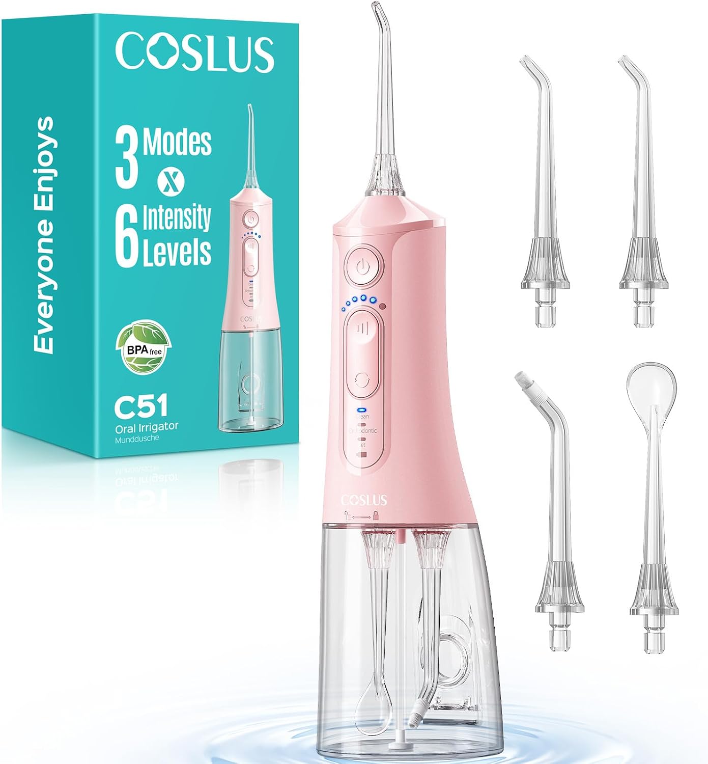 COSLUS Portable Water Flosser for Teeth: 3 Modes & 18 Pressure Settings with Jet Mode Water Dental Pick for Orthodontic, Braces, Sensitive Gums, Compact for Travel, 300ML for Multiple Users, Pink C51 | Water Dental Pick for Orthodontic, Braces, Sensitive Gums, Compact for Travel Built-in Nozzle Storage, Light Pink