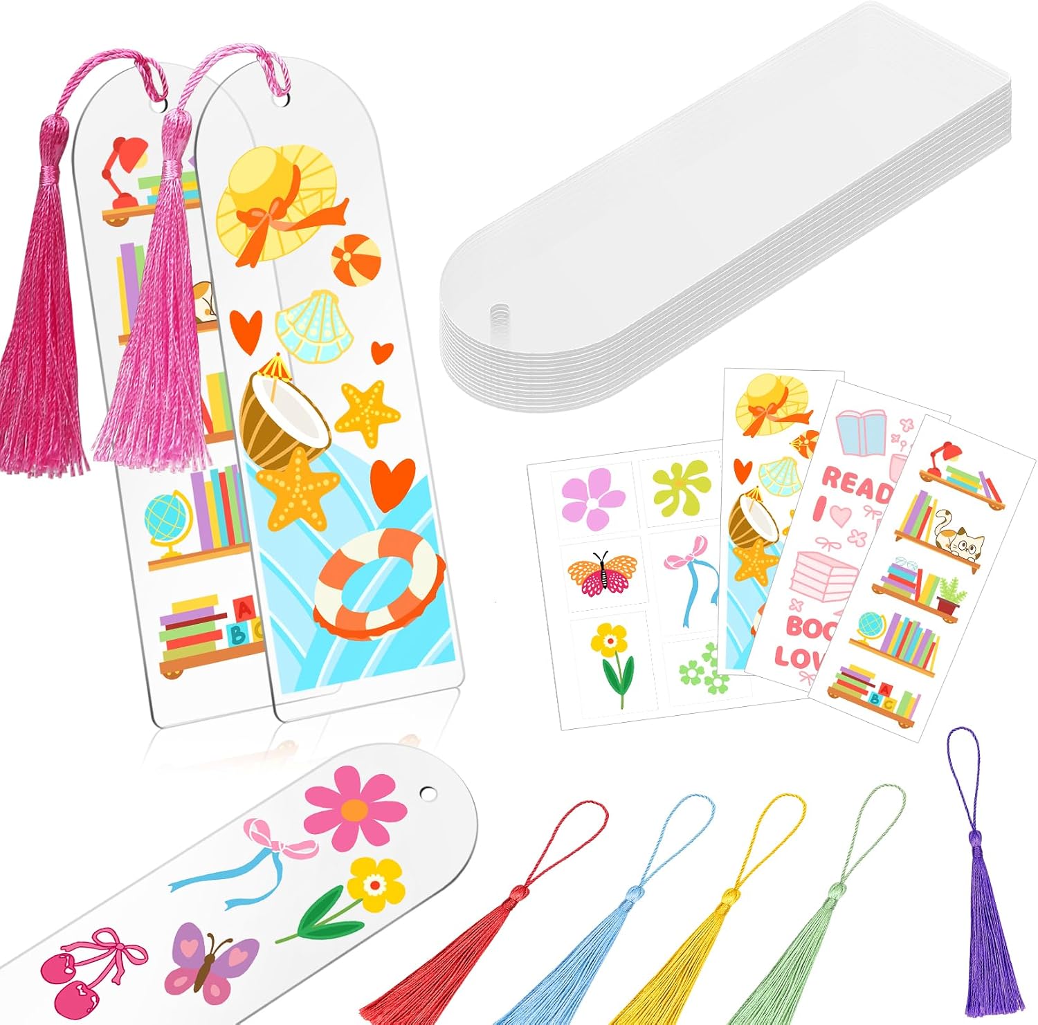 30PCS Acrylic Bookmark Blanks with 30 Tassels & 4 UV DTF Stickers, DIY Bookmark Making Kit for Kids, Teachers, Crafters – Personalized Tags for Gifts, School Projects, Party Favors (Rounded Top)