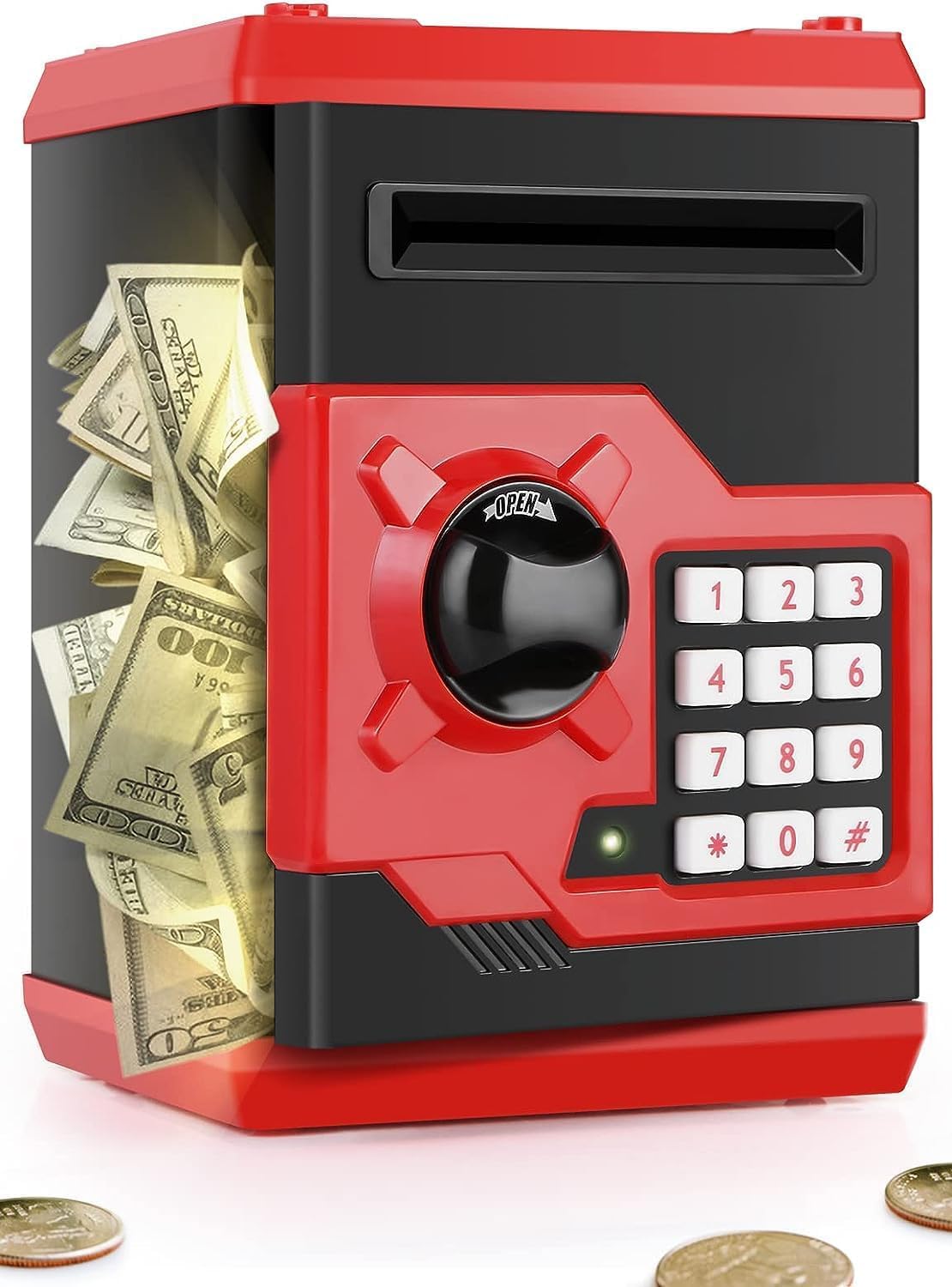 Piggy Bank for Girls Boys Large Electronic Money Coin Banks with Password Protection, Automatic Paper Money Scroll Saving Box, Great Gift for Kids (Black-Red)