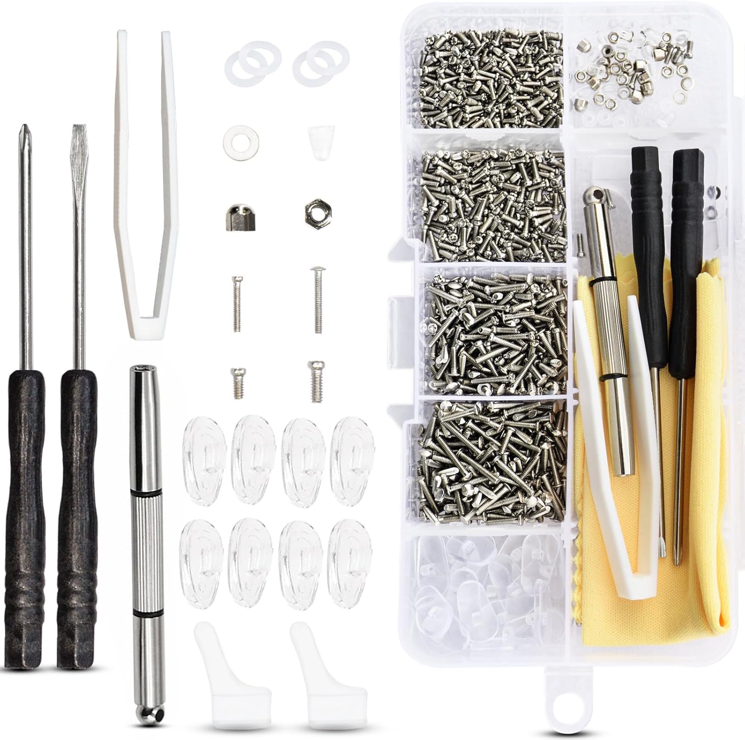 DAQUN 1000 Pcs Glasses Repair Kit with Screws and Screwdriver, Glasses Screws Repair Kit with Nose Pads and Tweezers - Eyeglass Repairs Tool Kits for Reading Glasse, Spectacles