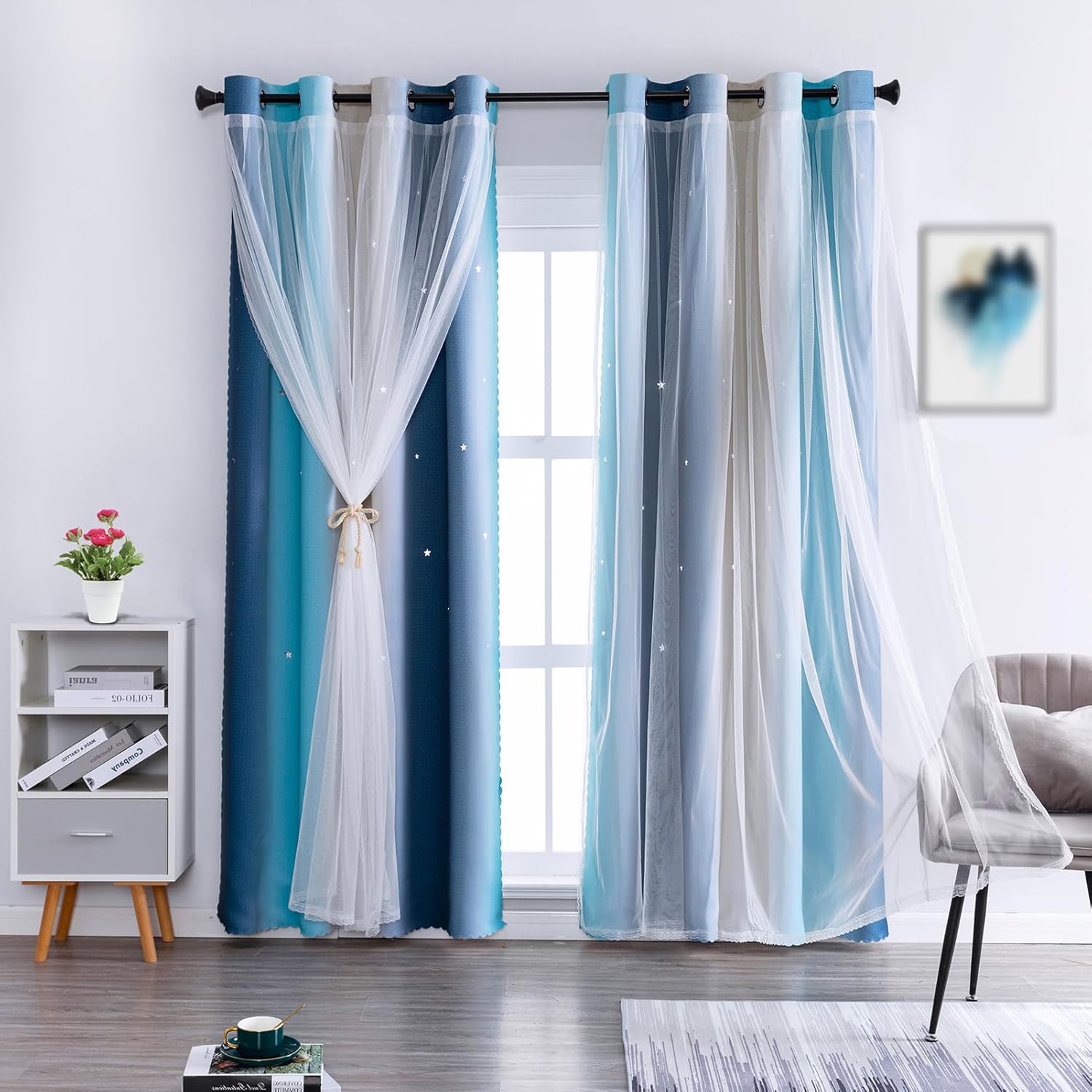 Anytime Dream Star Blackout Curtains for Kids Rooms Girl Princess Curtain for Daughter Bedroom Window (Blue,1 Panel,W52 x L84inch)