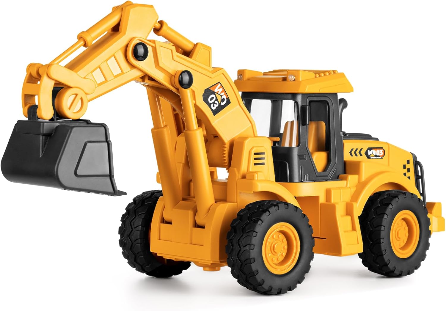 11" Excavator Toy, 1: 16 Scale, Rolling Wheels Inertia-Powered, Heavy‑Duty Plastic, with Lights & Rumbling Action, Working Boom & Bucket, Indoor/Outdoor Sandbox Vehicle for Ages 3 +