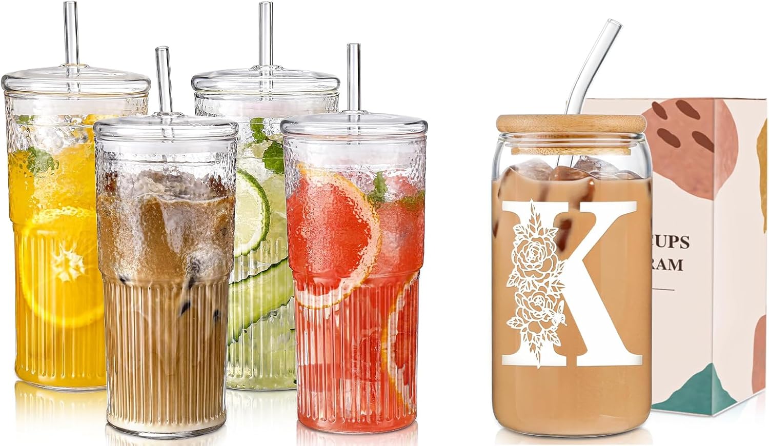 DWTS DANWEITESI Initial Glass Cup as Iced Coffee Cups+20oz Glasses Drinking Set Vintage Textured Clear Iced Coffee Cups with Lids