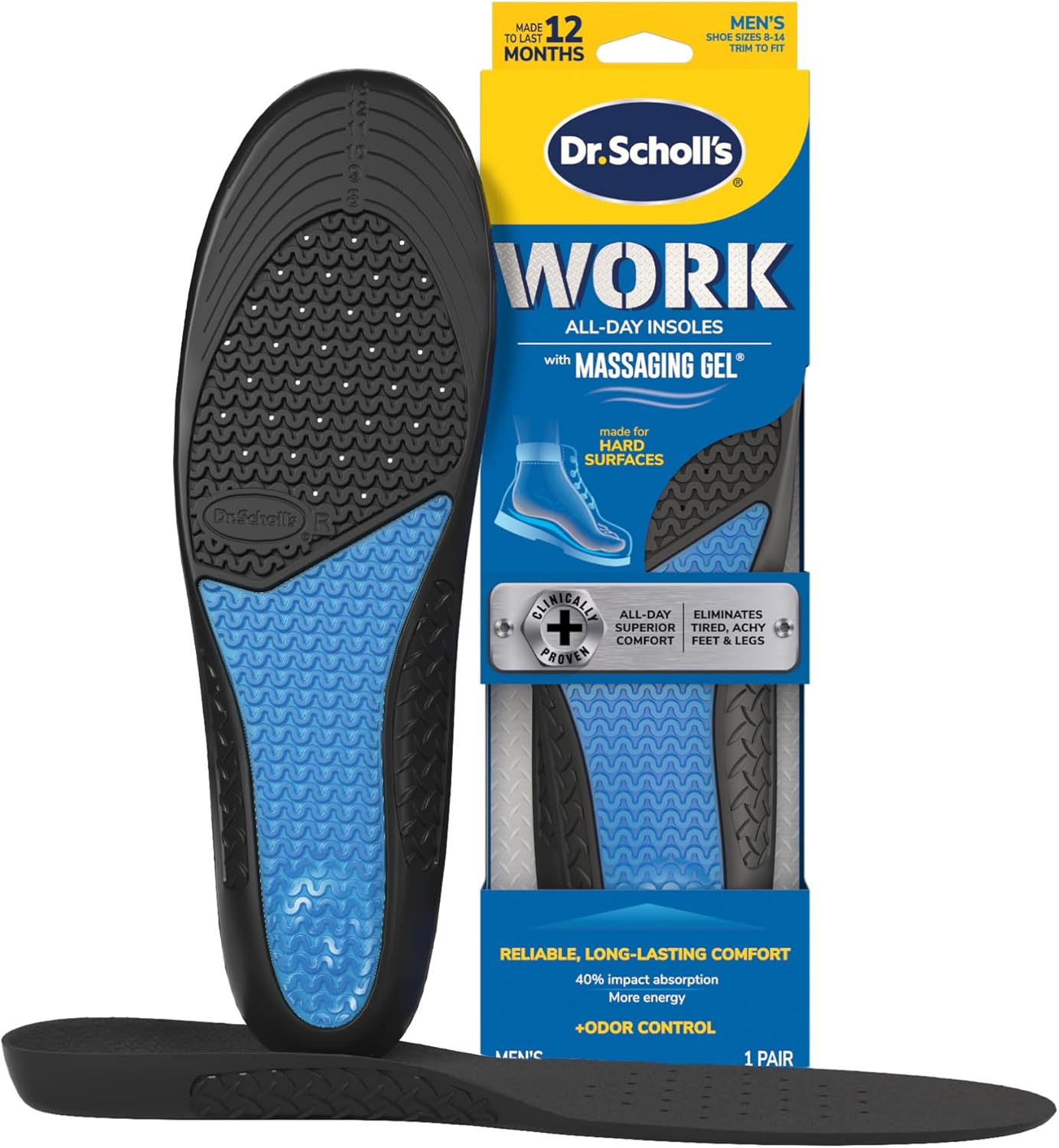 Dr. Scholl's Work All-Day Superior Comfort Insoles (with) Massaging Gel, Men, 1 Pair, Trim to Fit