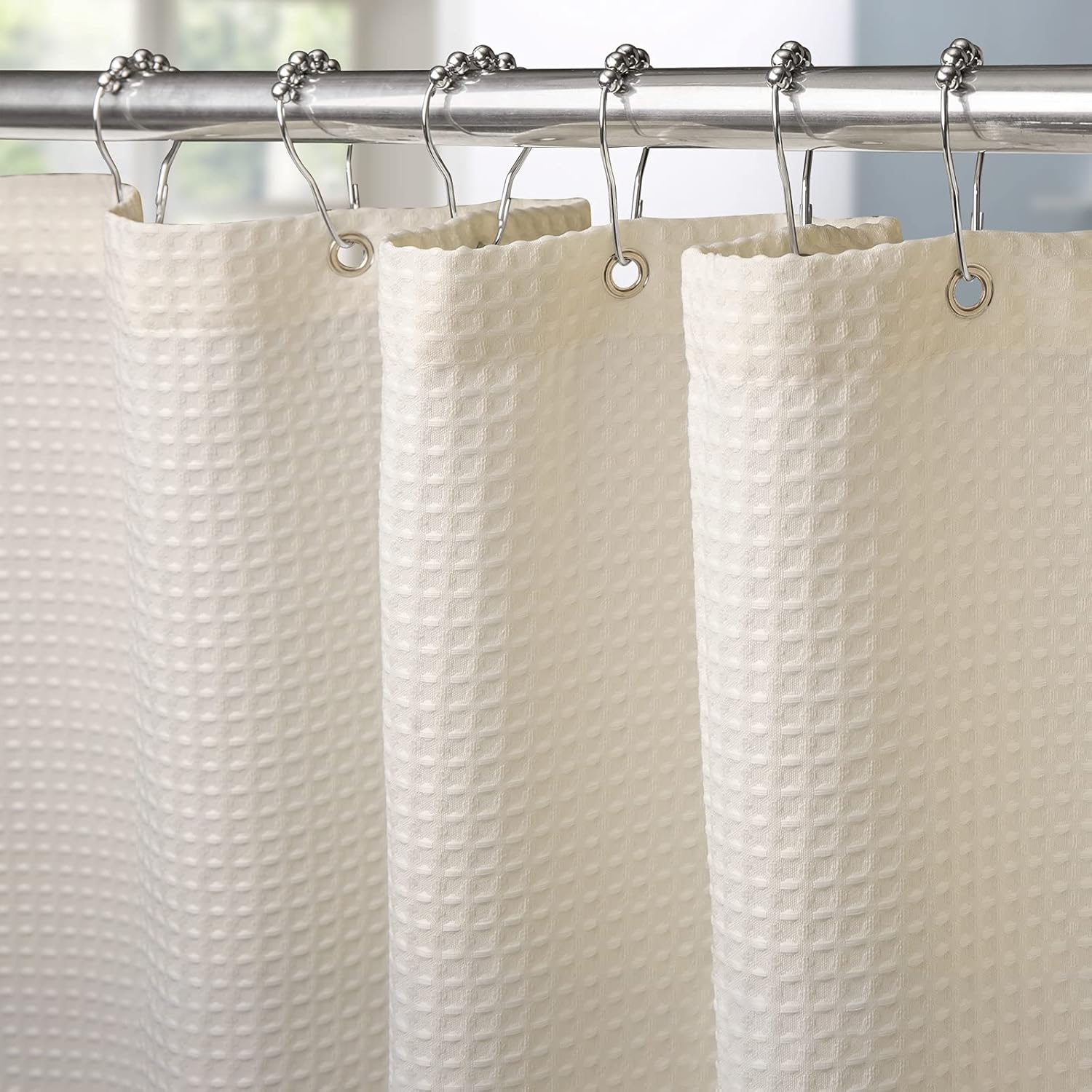 VANZAVANZU Shower Curtain for Bathroom with Metal Hooks Waffle Fabric Shower Curtain Heavy Duty Bath Curtain for Wet Room Bathtub Shower Stall, Weighted Hem, Water Resistant - 92 x 182cm (Cream)
