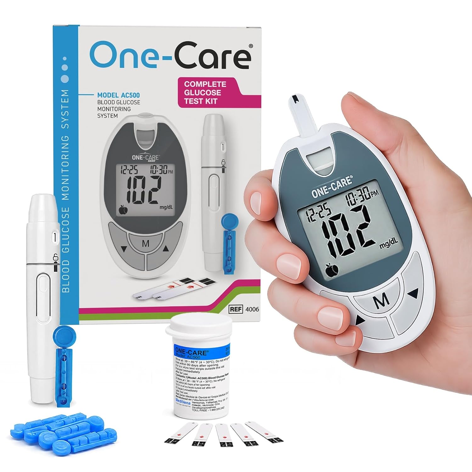 ONE-CARE Glucose Monitoring Kit, Meter + 10 Strips + Lancing Tool