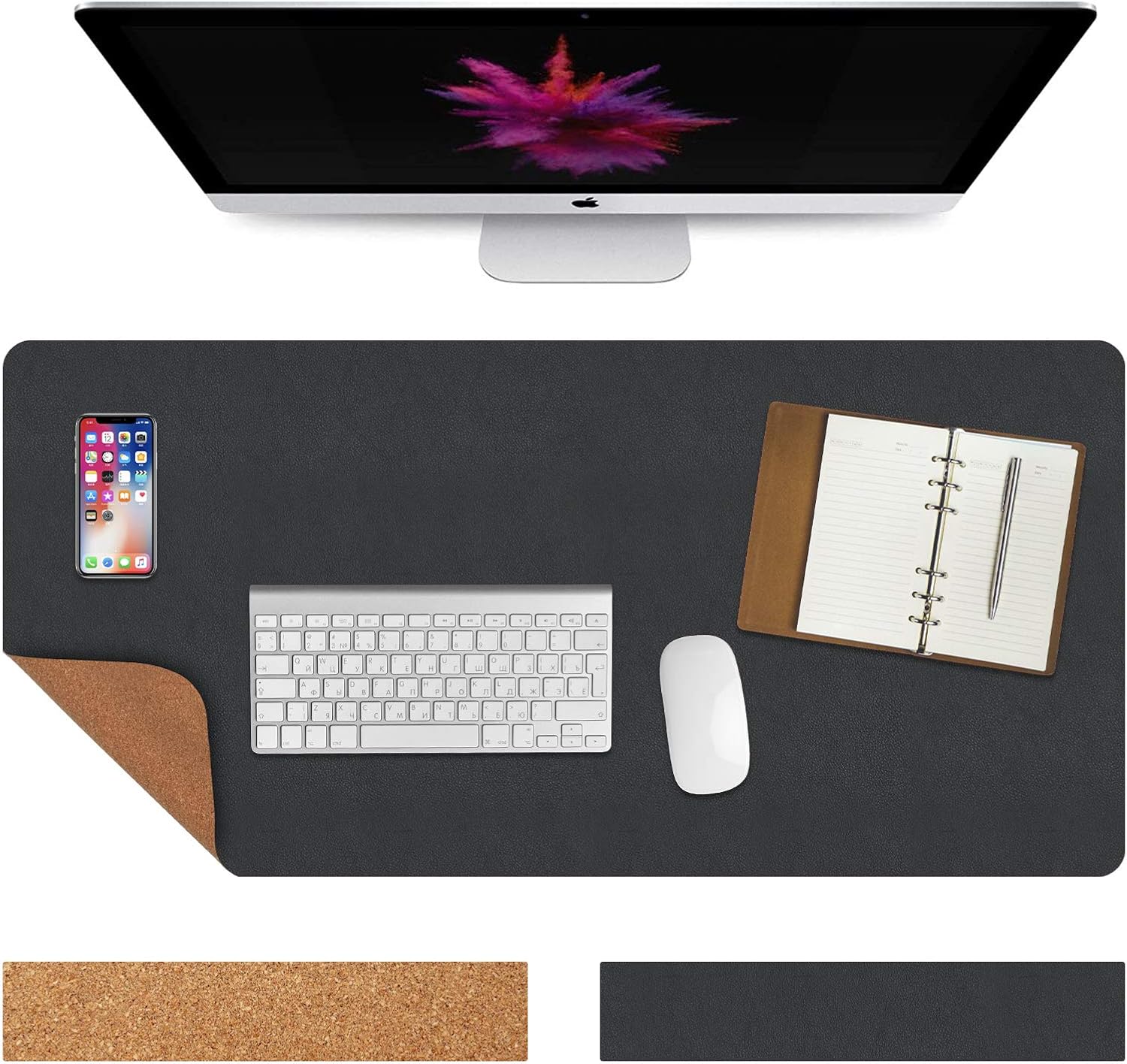 Vicloon Cork Desk Mat, 60cm x 30cm Office Desk Pad PU Leather Desk Blotter Desk Writing Mat Dual-Sided Mouse Pad Protecor Laptop Desk Mat Non-Slip for Office Home(Black)…