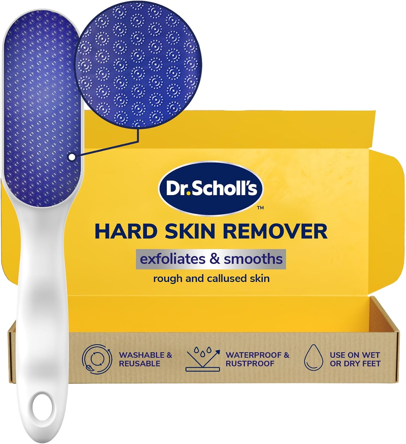 Dr. Scholl’s Nano Glass Foot File - Immediately Removes Hard Skin on Wet or Dry Feet, Waterproof & Rustproof, Gentle Dead Skin and Callus Remover, Pedicure Foot Scrubber for Shower, Soft-Grip Handle