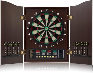Dart Board, Decorative Dart Board Cabinet Set [12*Soft Tip Darts], Electronic Dart Board - Wooden Cabinet Doors with Integrated Scoreboard for Family Game Rooms [Coffee]