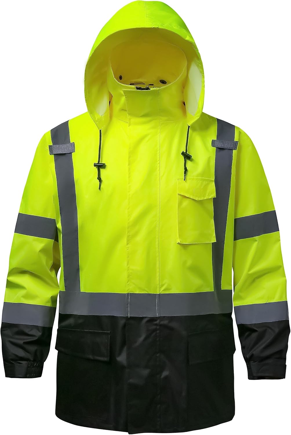 Reflective Rain jackets for men waterproof,Hi Vis Safety Coat With Reflective Strips,High Visibility Class 3 Rain jackets With 2 large pockets,Zipper,Black Bottom Lime,LG/XL