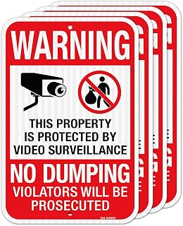 T&R (4 pack) Large No Dumping Signs, Property Protected By Video Surveillance Sign, 18" x 12" Engineer Grade Reflective Sheeting, Rust Free Aluminum, Weather Resistant, Waterproof, Fade Resistant, 2 Pre-drilled Holes