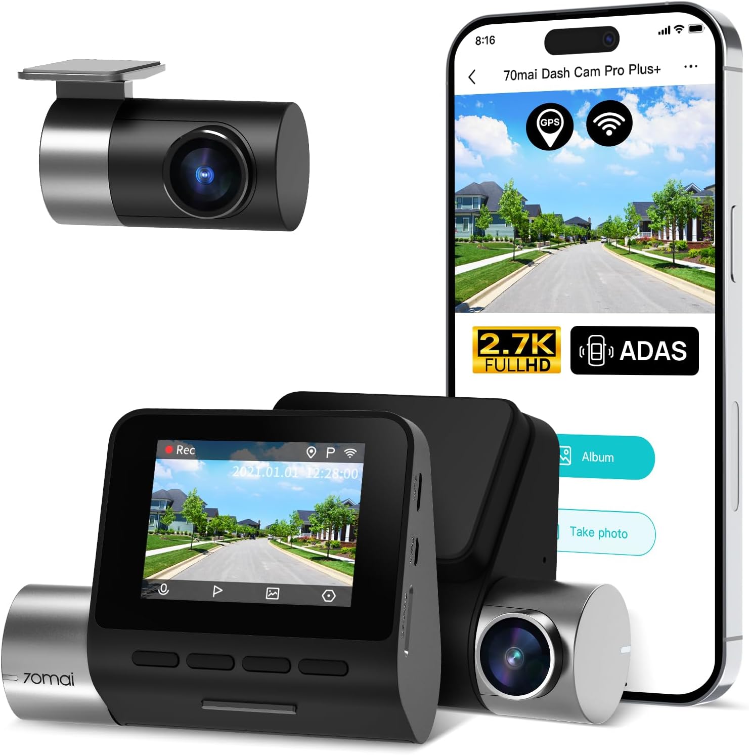 70mai 2.7K Dash Cam Front and Rear A500S, Dual Dash Camera for Cars, Dashcam with APP, Sony IMX335, ADAS, Built-in WiFi GPS, 2'' IPS Screen, WDR, Night Vision, 24/7 Parking Mode, Loop Recording