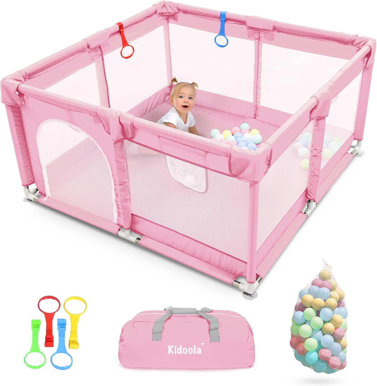 Kidoola Baby Playpen with Padded Frame & Mesh Walls, Balls & Pull Rings Included, for Indoor & Outdoor Use, Toddler Fence - Breathable Mesh, Extra Large Play Yard for Babies (127x127x65cm) (Pink)