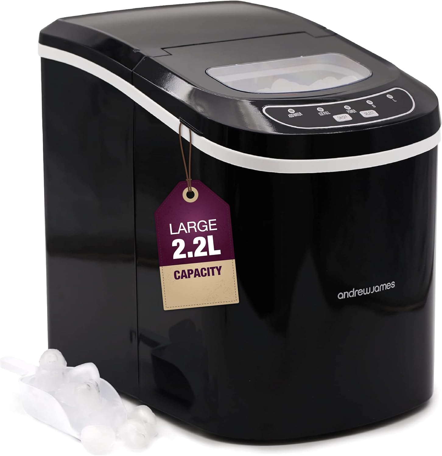 2.2L Andrew James Ice Maker Machine – Portable Countertop Ice Machine for Home, Electric Ice Dispenser with Scoop & Basket, Self-Cleaning, Small or Large Ice Cubes
