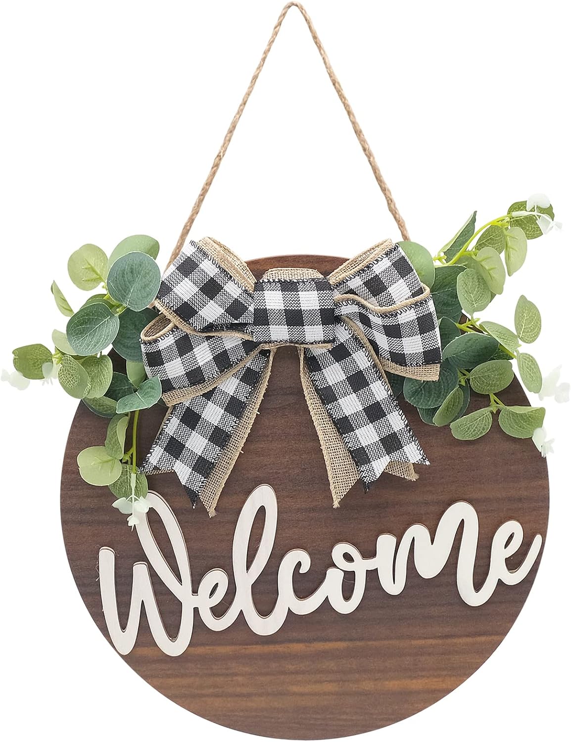 Welcome Sign for Front Door Rustic Round Wooden Welcome Wreaths Vintage Welcome Wall Sign with Flowers and Bow for Farmhouse porch Front Door Decoration (Coffee), Brown