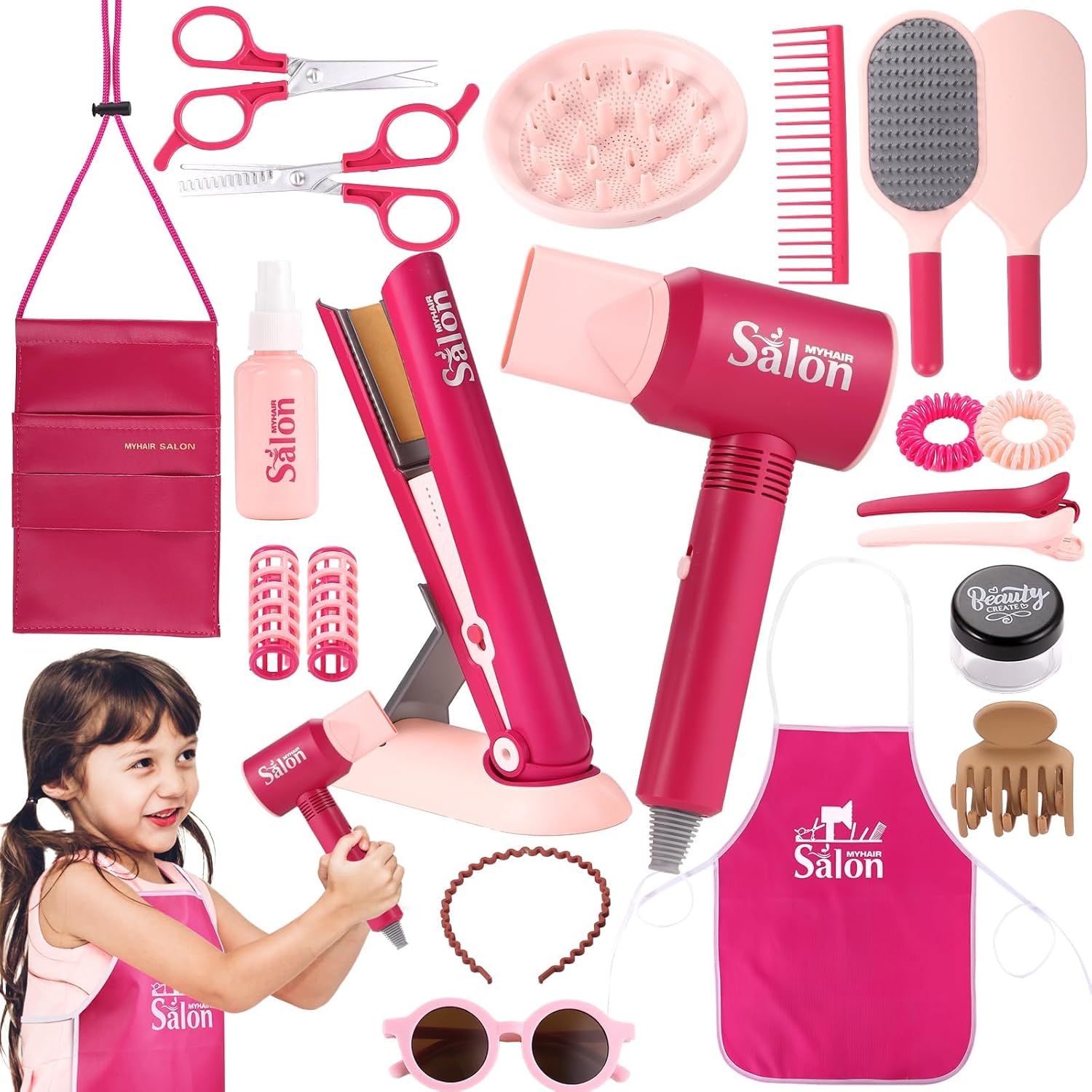 GAGAKU Kids Hairdressing Set Realistic Girl Beauty Salon Playset Hair Styling Set Age 3+ with Blow Dryer Scissors and Stylist Accessories Pretend Play Toys For Girls -8