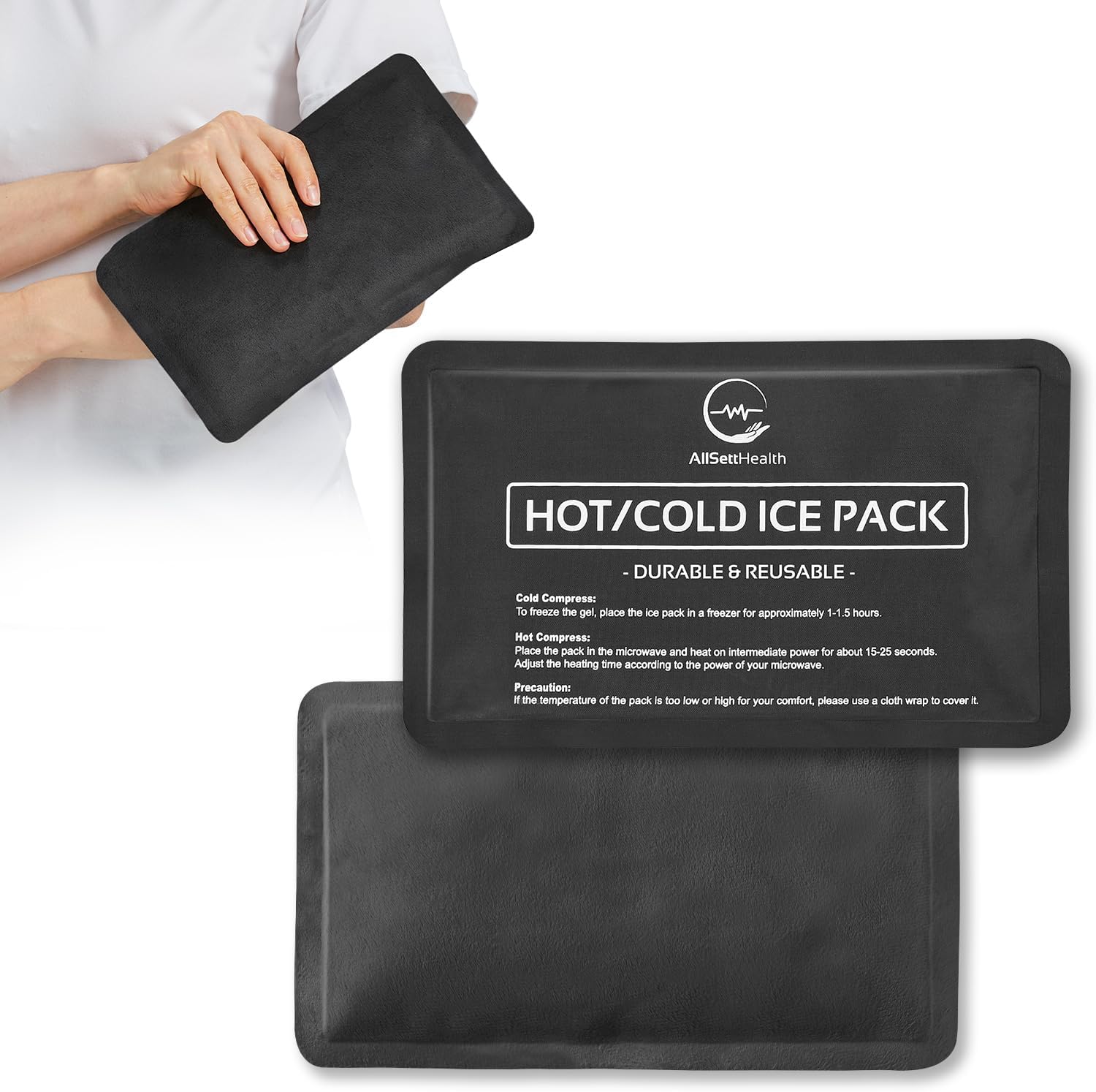 2 Pack Reusable Ice Packs for Injuries - Soft Ice Pack with Velvet Soft Fleece Fabric | Flexible Hot and Cold Gel Ice Pack Set- Cold Packs for Injuries, Knee, Back, Neck Pain - 10 x 6, Black