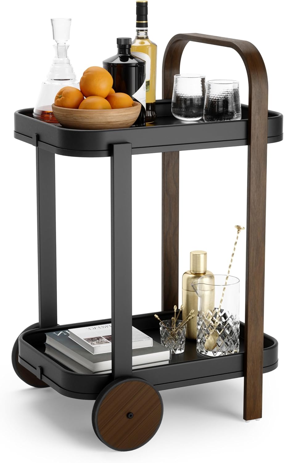 Umbra Bellwood Bar Cart, Serving Trolley and Side Table with 2 Levels and Removable Metal Trays, One Size, Black/Walnut