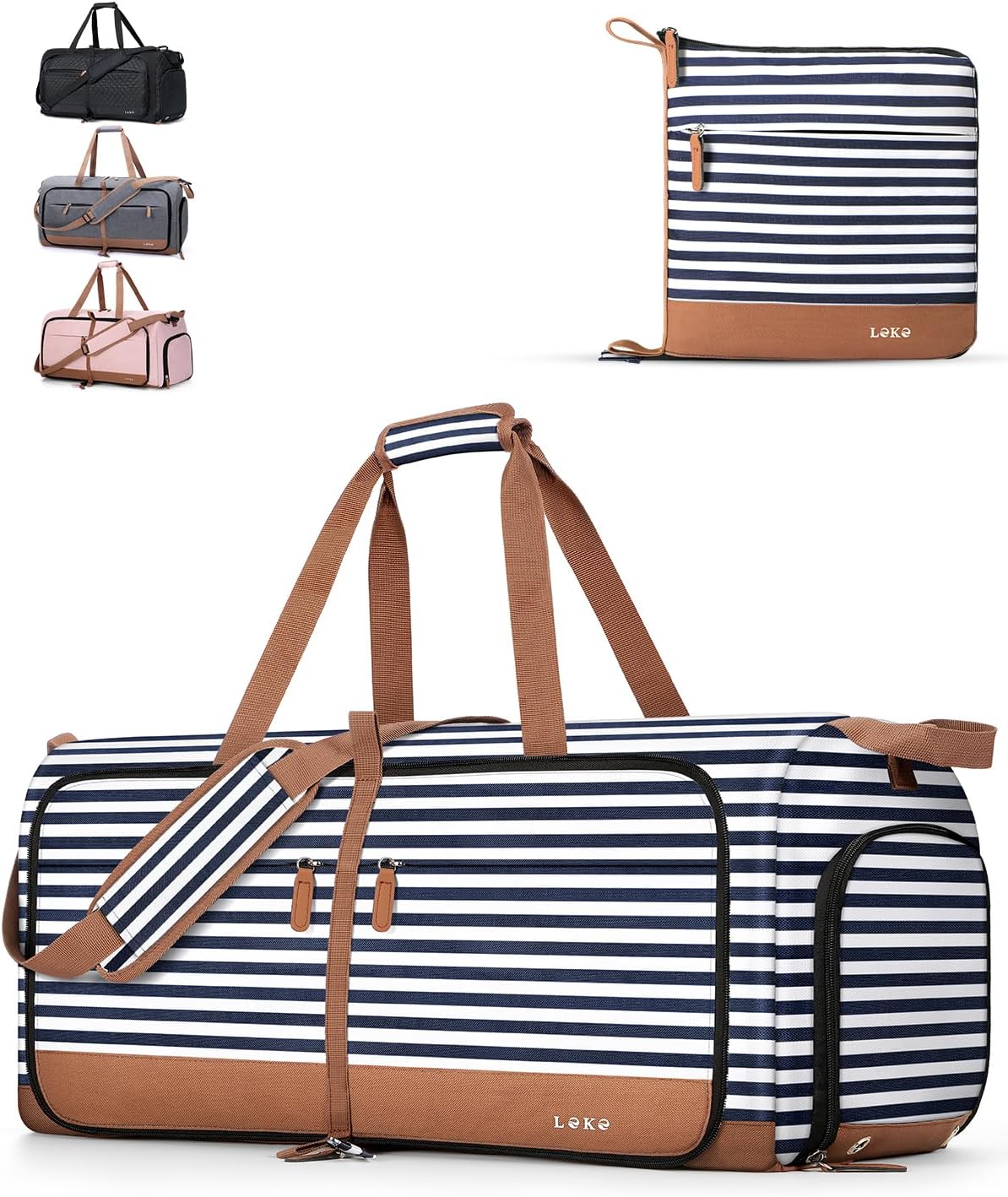 Lekesky Large Foldable Travel Duffe Bag - 60L Waterproof Holdall Luggage Bag with Shoes Compartment, Weekend Overnight Sports Bag for Women and Men(Striped, 63 * 30 * 28cm)