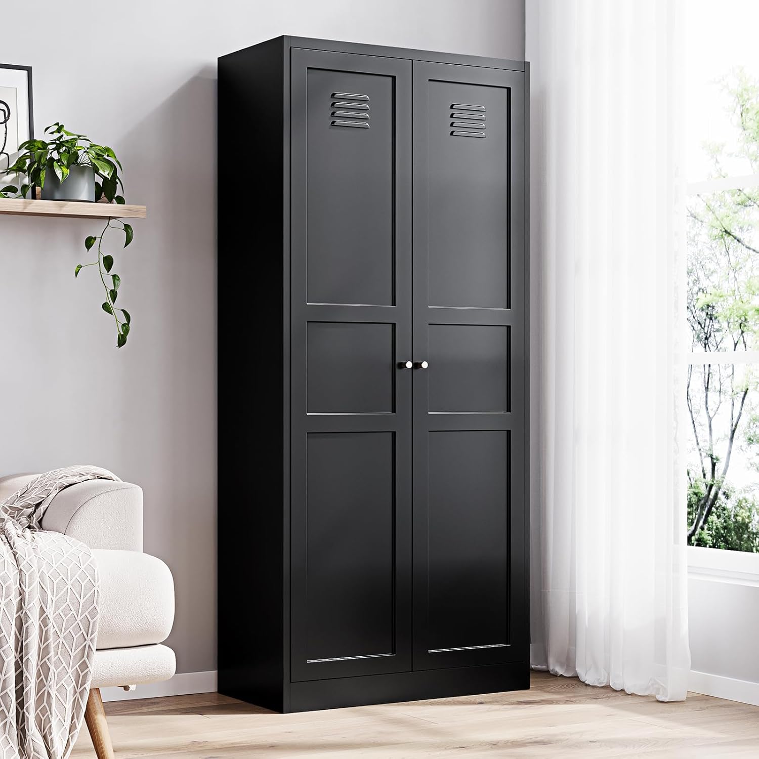 Yizosh Metal Storage Cabinet with 2 Doors and 5 Adjustable Shelves - 71" Black Kitchen Pantry Storage Cabinet, 5-Tier Tall Steel Cabinet Locker for Kitchen, Living Room, Dining Room