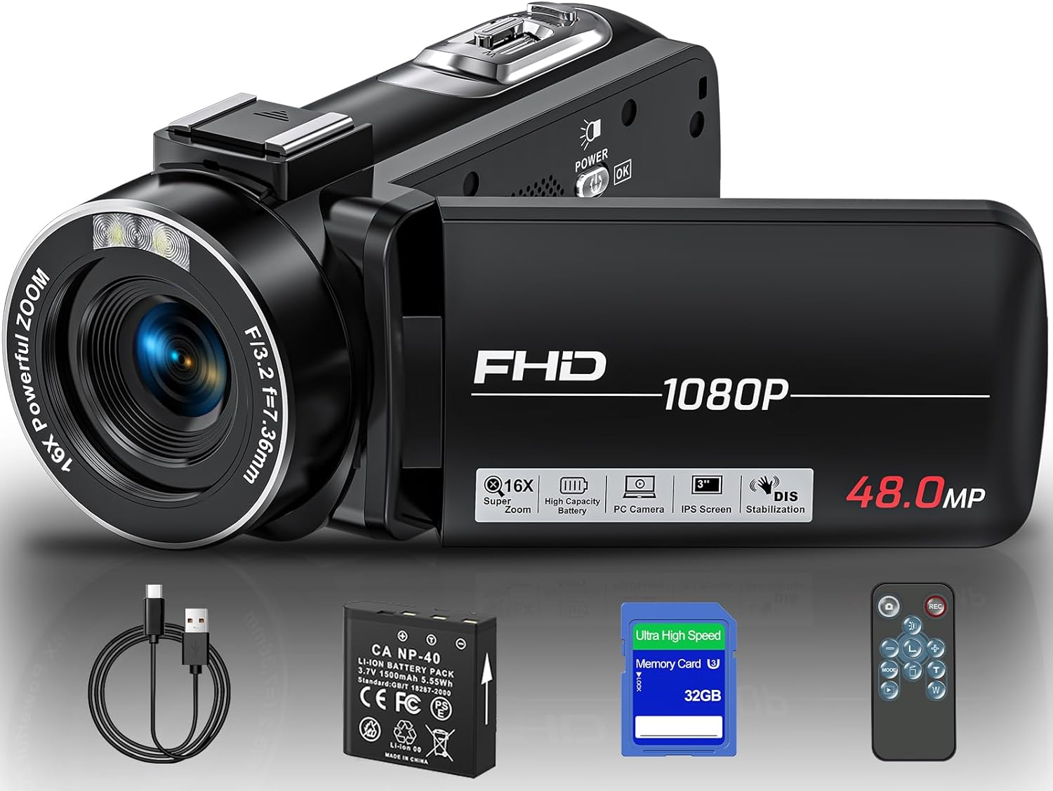 Camcorder Video Camera Full HD 1080P 48MP Camcorder 16X Digital Video Camera for YouTube, 3.0 Inch IPS Screen Vlogging Camera Recorder with Remote Control, Battery and 32G SD Card