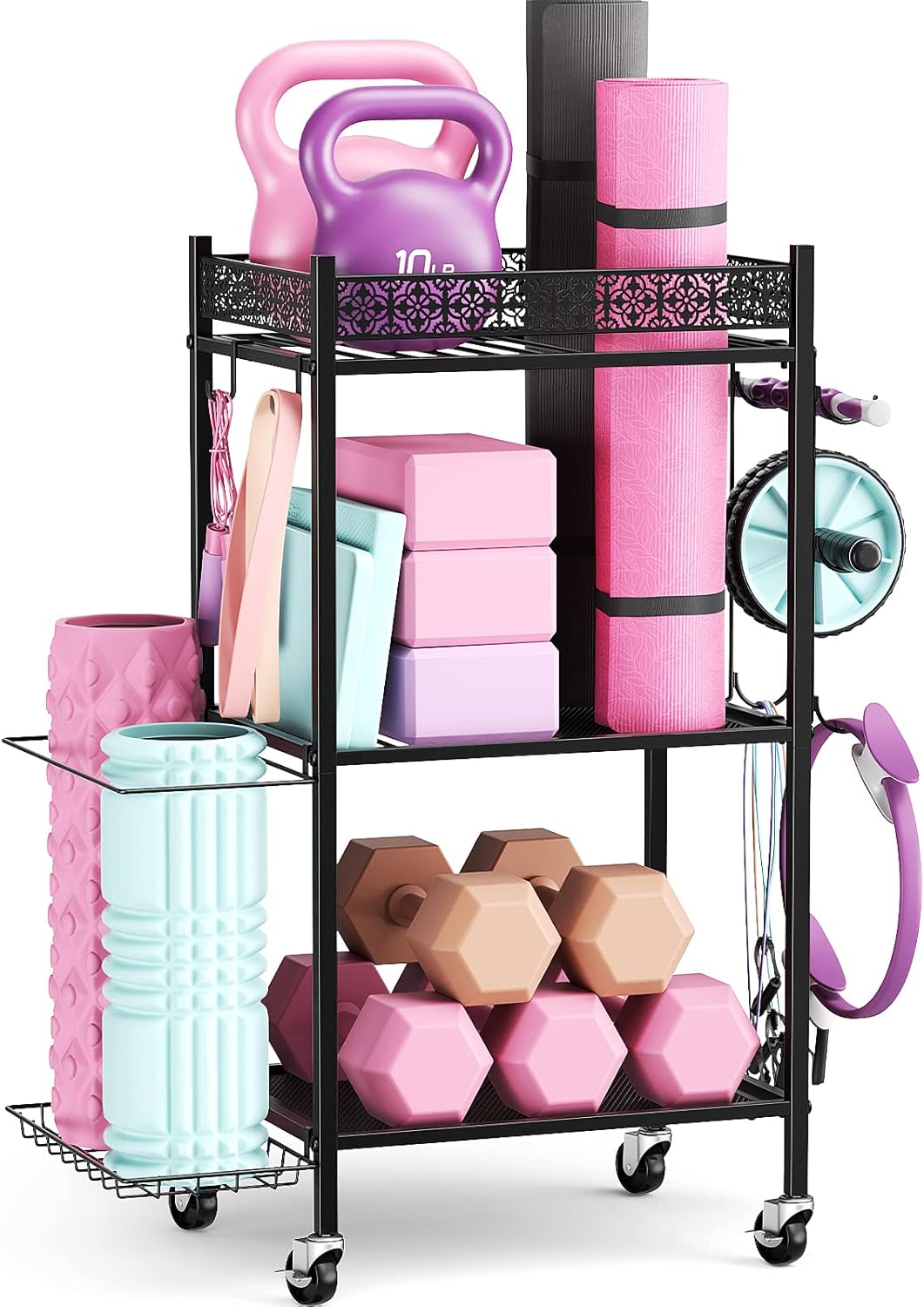 Yoga Mat Storage Rack, Home Gym Storage Rack, VOPEAK Workout Storage for Yoga Mat, Foam Roller, Equipment Gym Storage for Home Exercise and Fitness Gear (Metal)