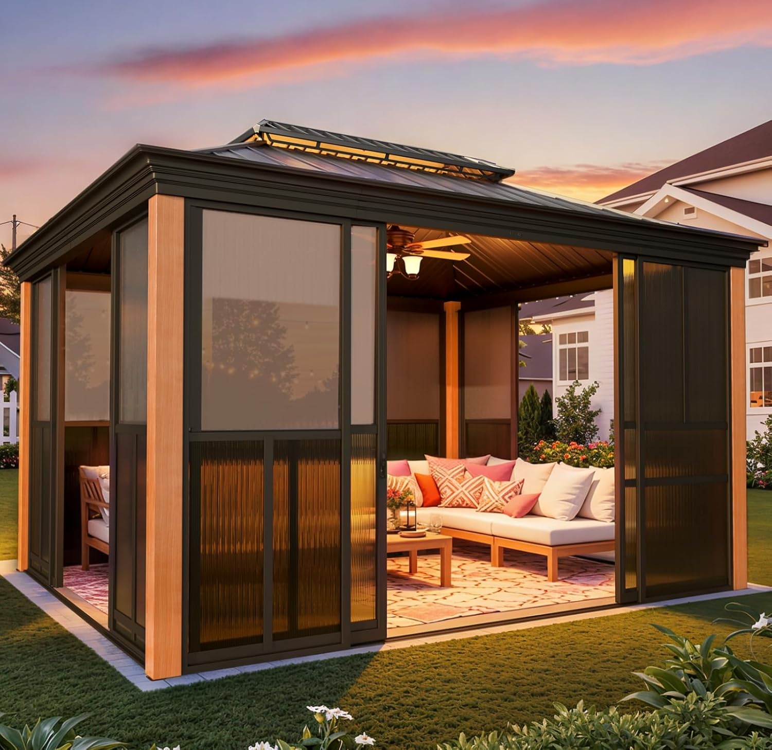 EROMMY 12'*14' Sunroom, with Front Door, Side Entrance, Galvanized Steel Double Top, Wood Grain Appearance, Aluminum Alloy Frame, Solarium Backyard Sun Room