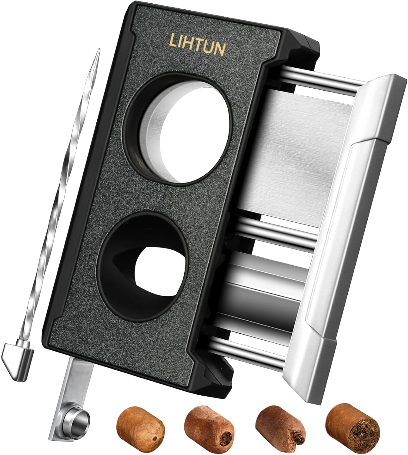 Cigar Cutter Guillotine 4 in 1 One-Touch Straight Cut V Cutter with Cigar Punch Cigar Draw Enhancer, Gift for Men, Stainless Steel Double Blade Cigar Clippers, Cuts Up to 60 Ring Gauge Cigars